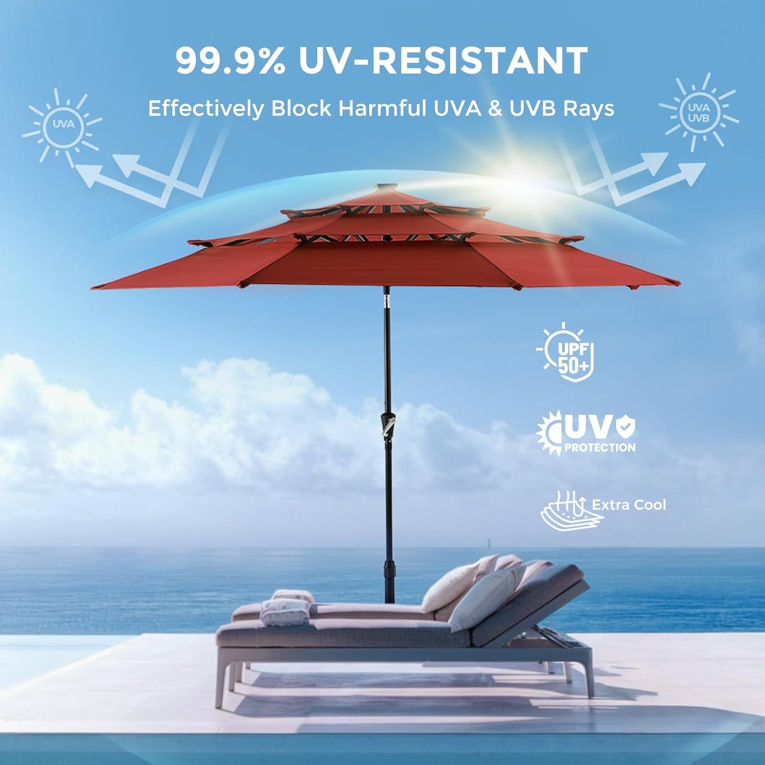 9 Feet 3-Tier Solar Patio Umbrella Heavy Duty, Vented Market Table Umbrella Windproof with 32 LED Lights,No Base