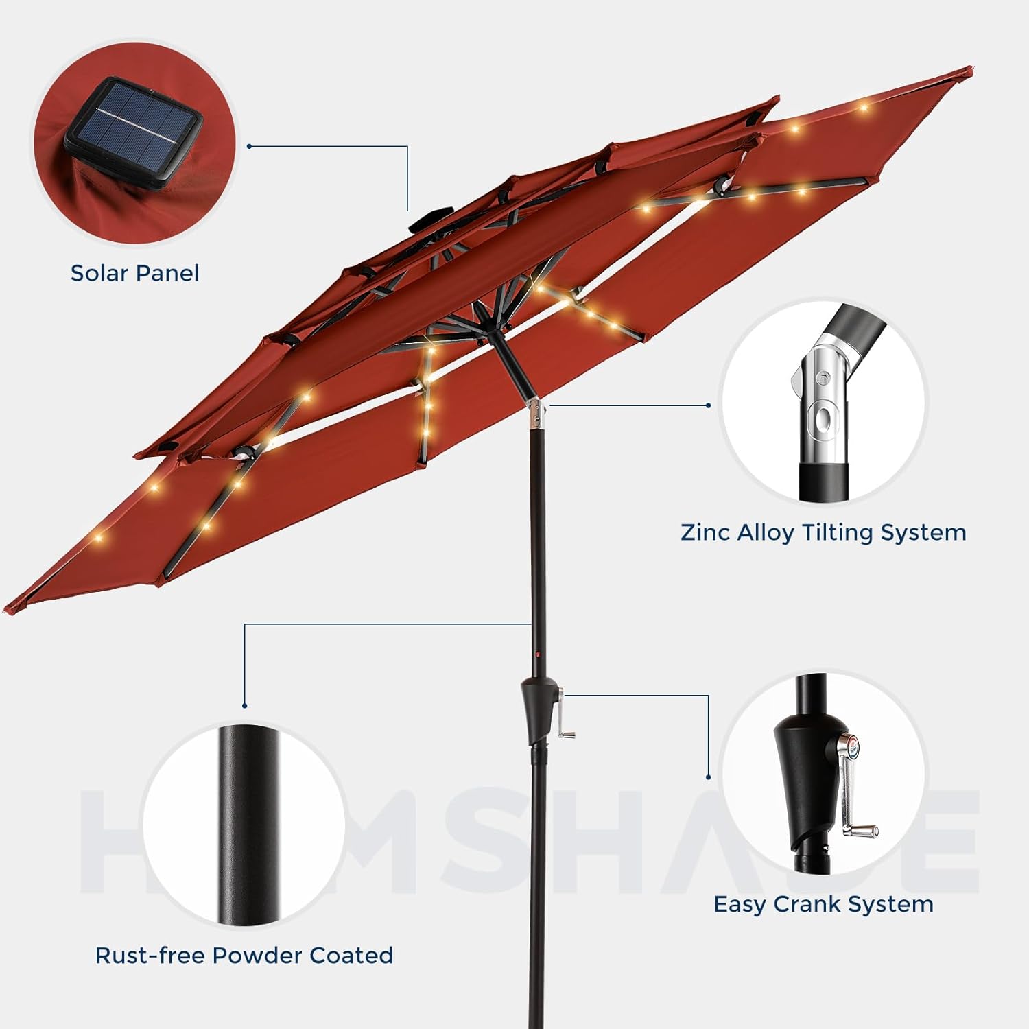 9 Feet 3-Tier Solar Patio Umbrella Heavy Duty, Vented Market Table Umbrella Windproof with 32 LED Lights,No Base