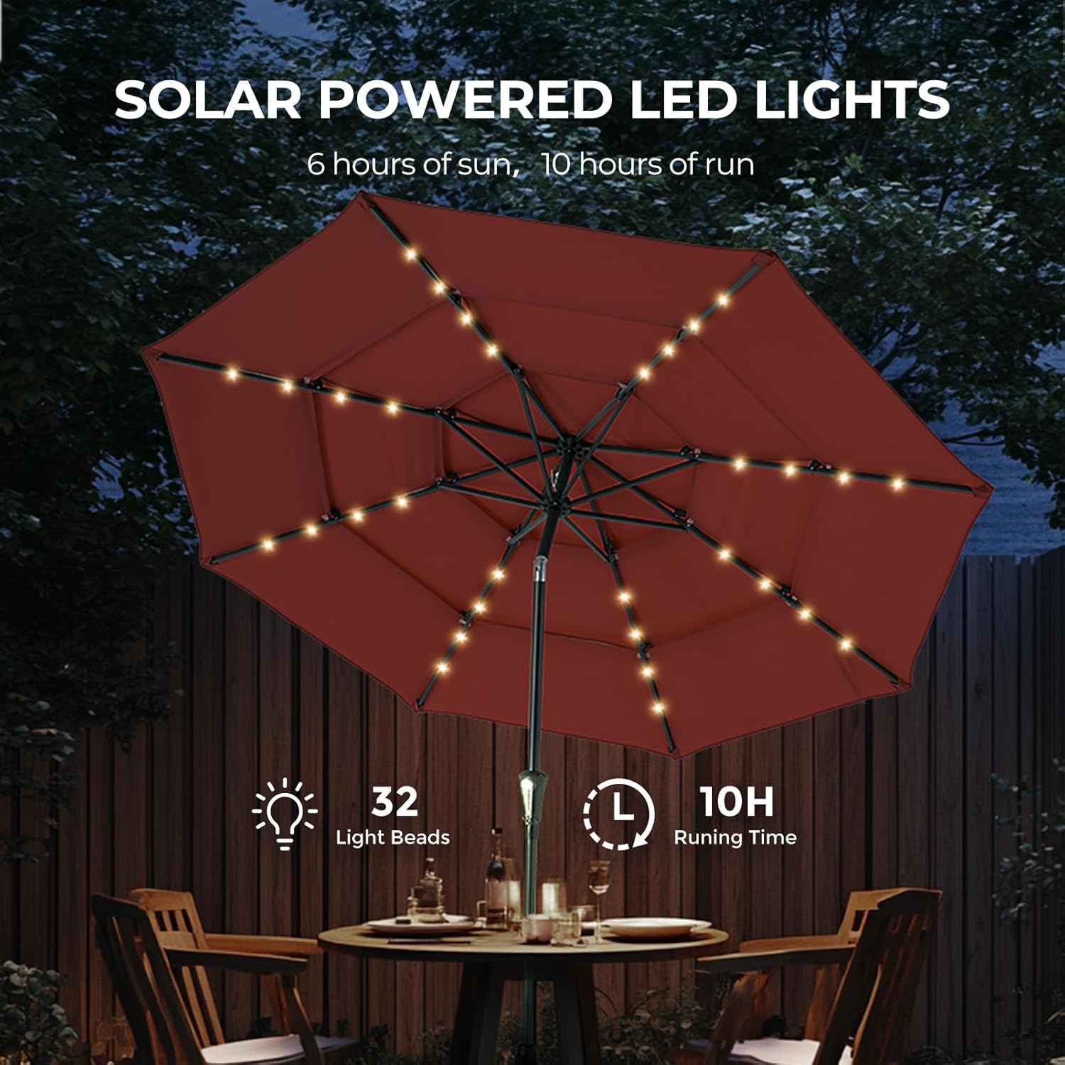 9 Feet 3-Tier Solar Patio Umbrella Heavy Duty, Vented Market Table Umbrella Windproof with 32 LED Lights,No Base