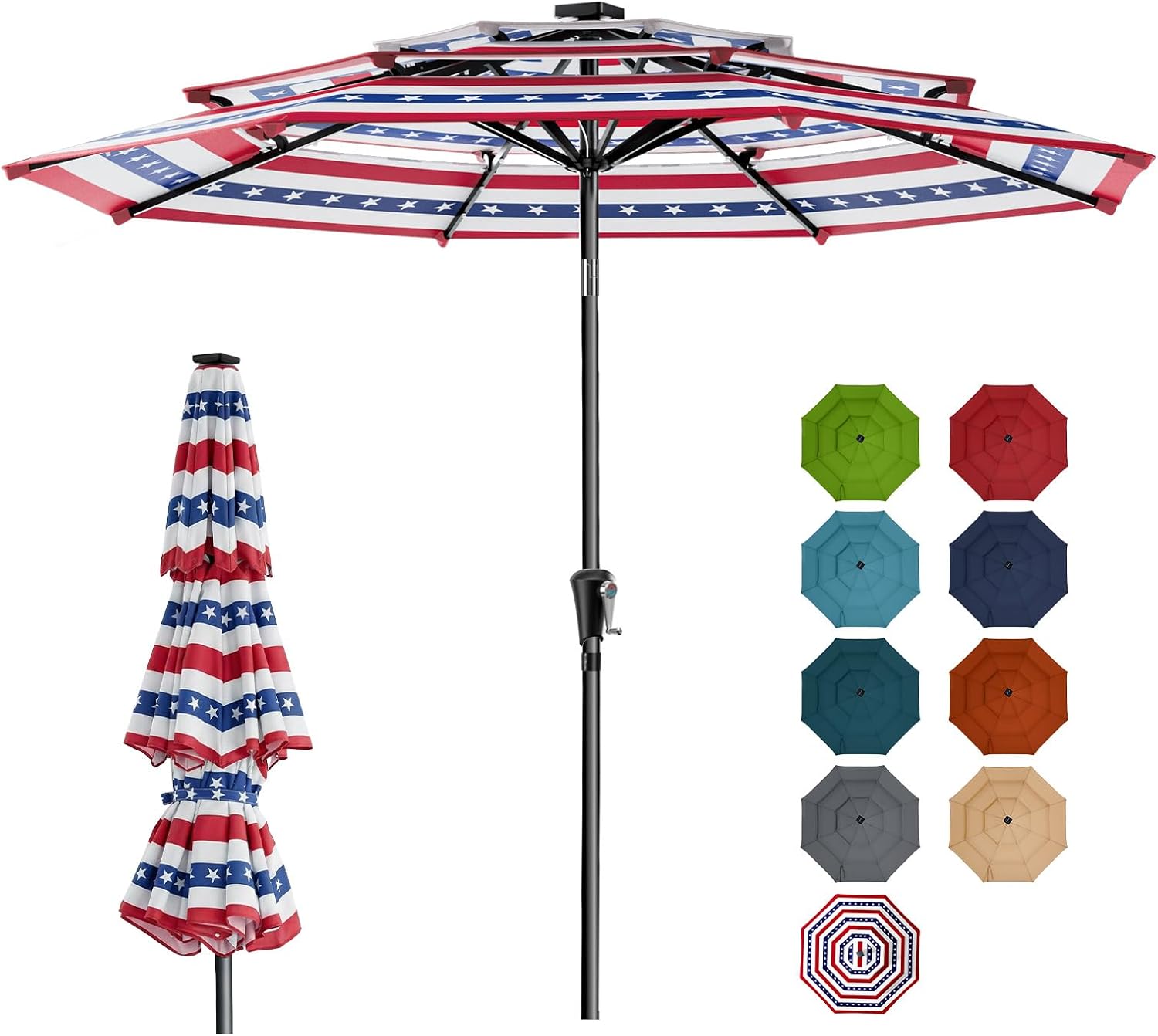 9 Feet 3-Tier Solar Patio Umbrella Heavy Duty, Vented Market Table Umbrella Windproof with 32 LED Lights,No Base