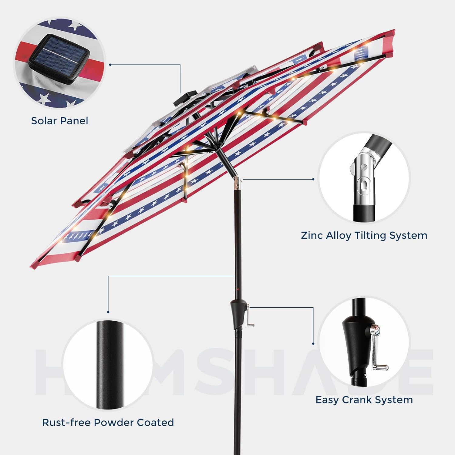 9 Feet 3-Tier Solar Patio Umbrella Heavy Duty, Vented Market Table Umbrella Windproof with 32 LED Lights,No Base
