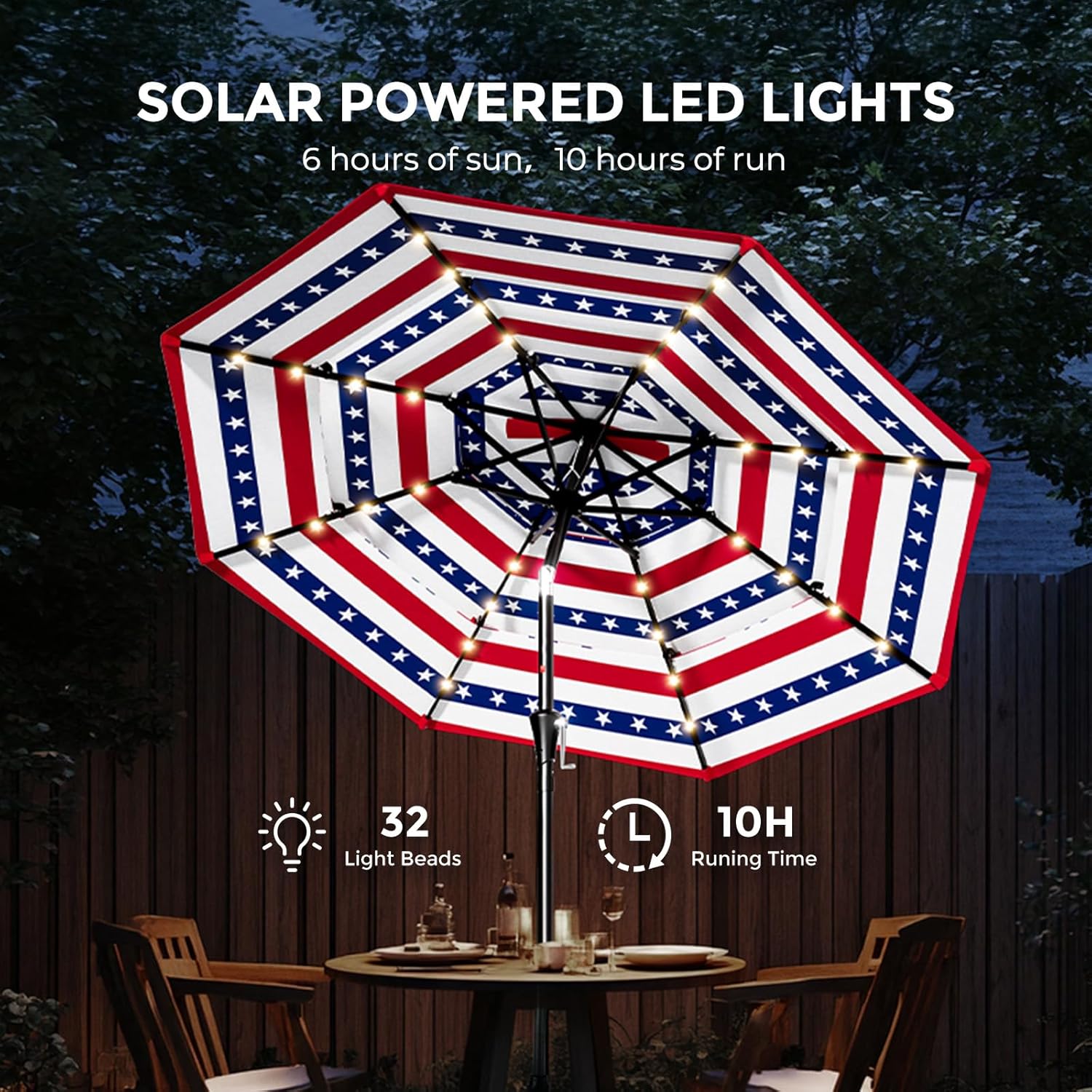 9 Feet 3-Tier Solar Patio Umbrella Heavy Duty, Vented Market Table Umbrella Windproof with 32 LED Lights,No Base