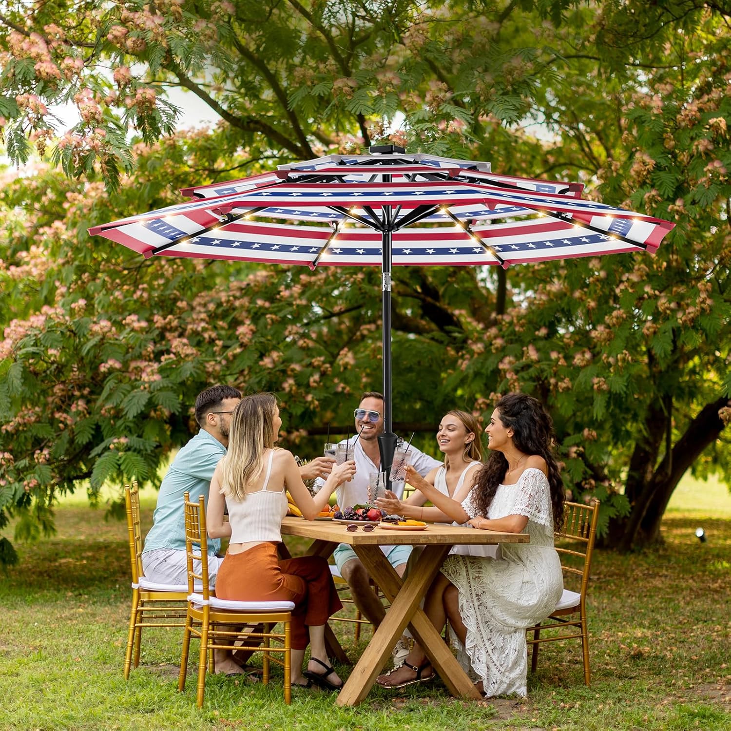 9 Feet 3-Tier Solar Patio Umbrella Heavy Duty, Vented Market Table Umbrella Windproof with 32 LED Lights,No Base