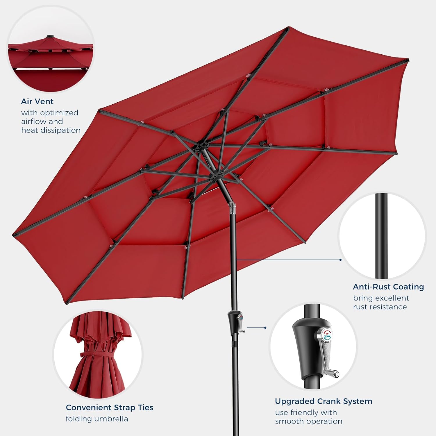9 Feet 3-Tiers Outdoor Patio Umbrella Push Button Tilt & Crank with 5-Year Fade Resistant