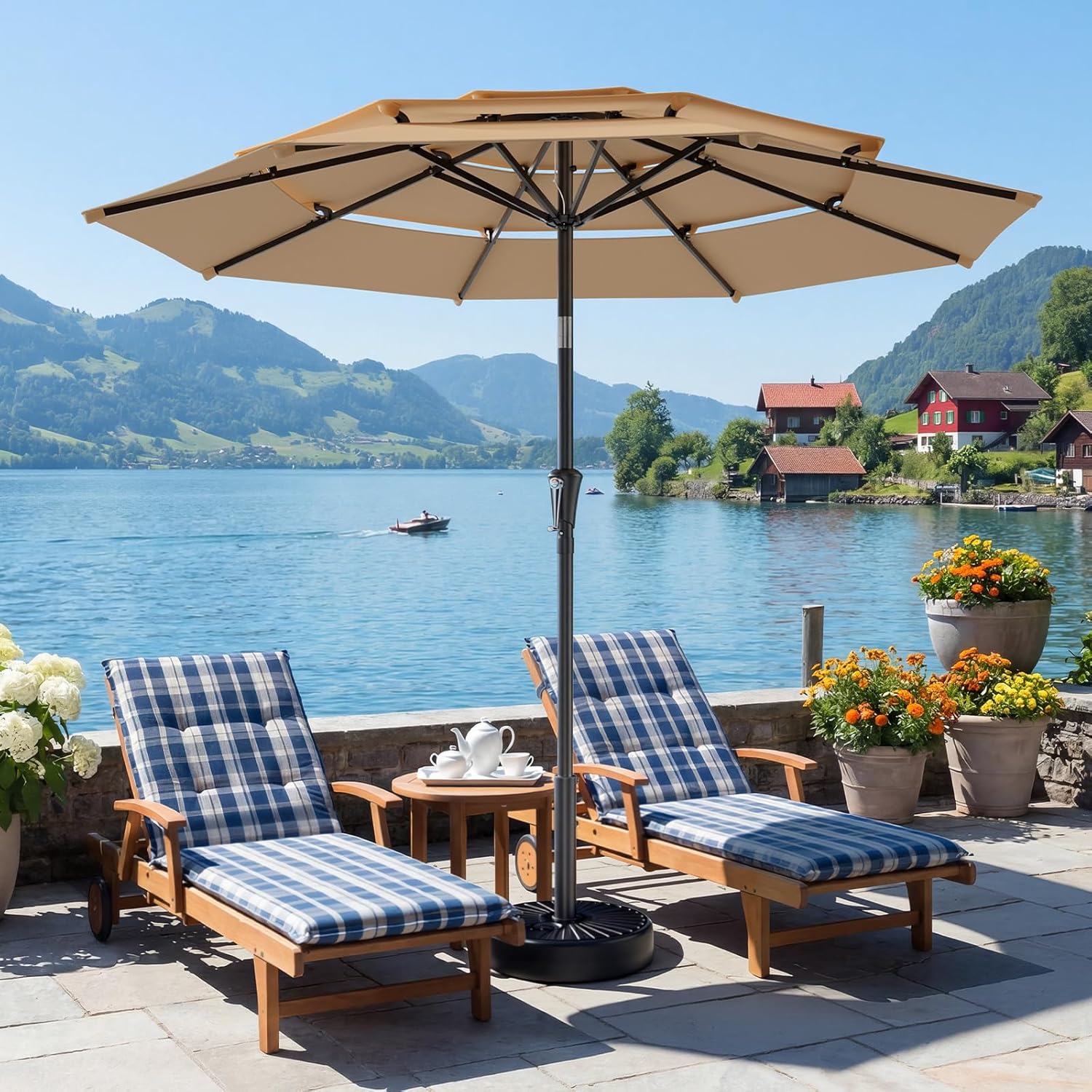 9 Feet 3-Tiers Outdoor Patio Umbrella Push Button Tilt & Crank with 5-Year Fade Resistant