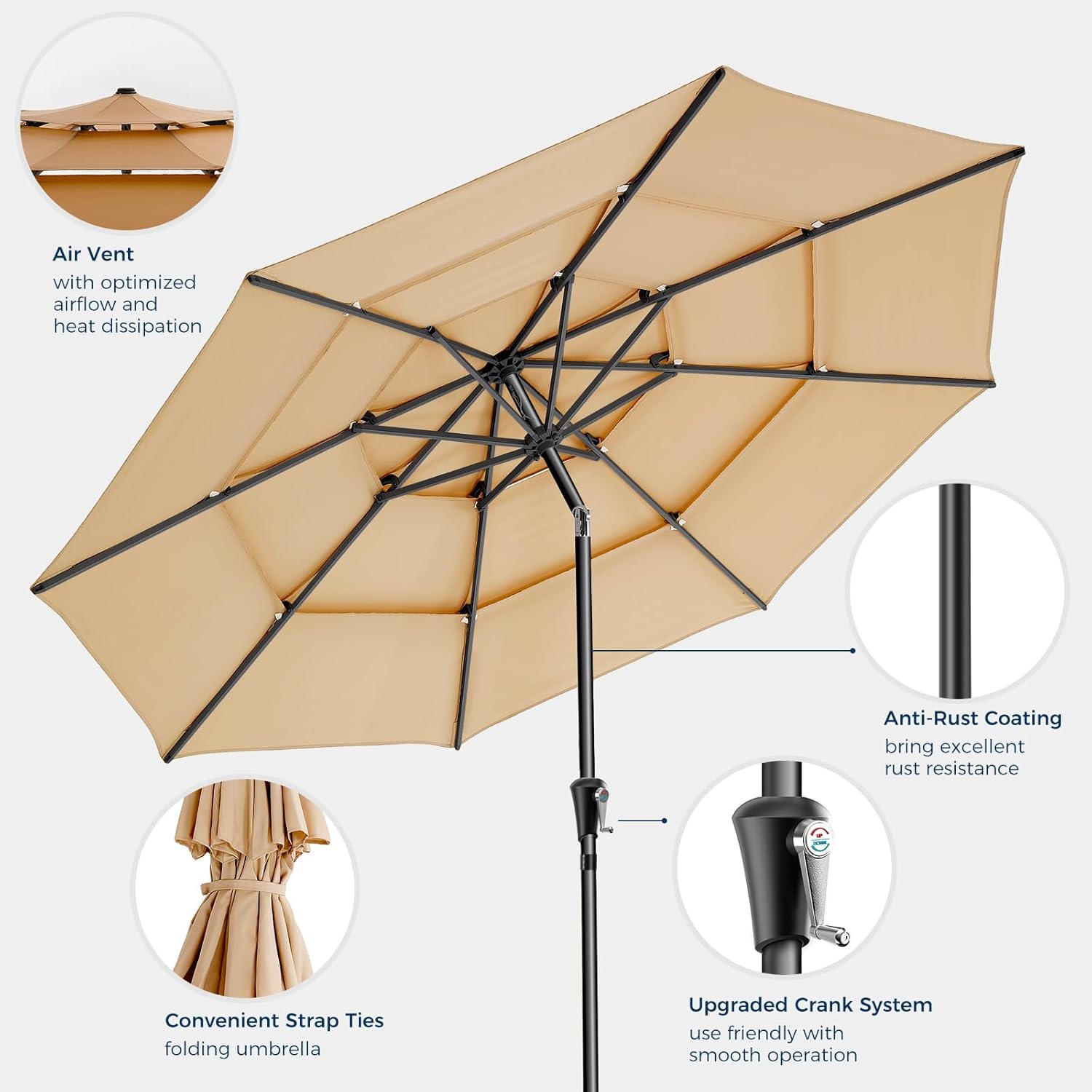 9 Feet 3-Tiers Outdoor Patio Umbrella Push Button Tilt & Crank with 5-Year Fade Resistant