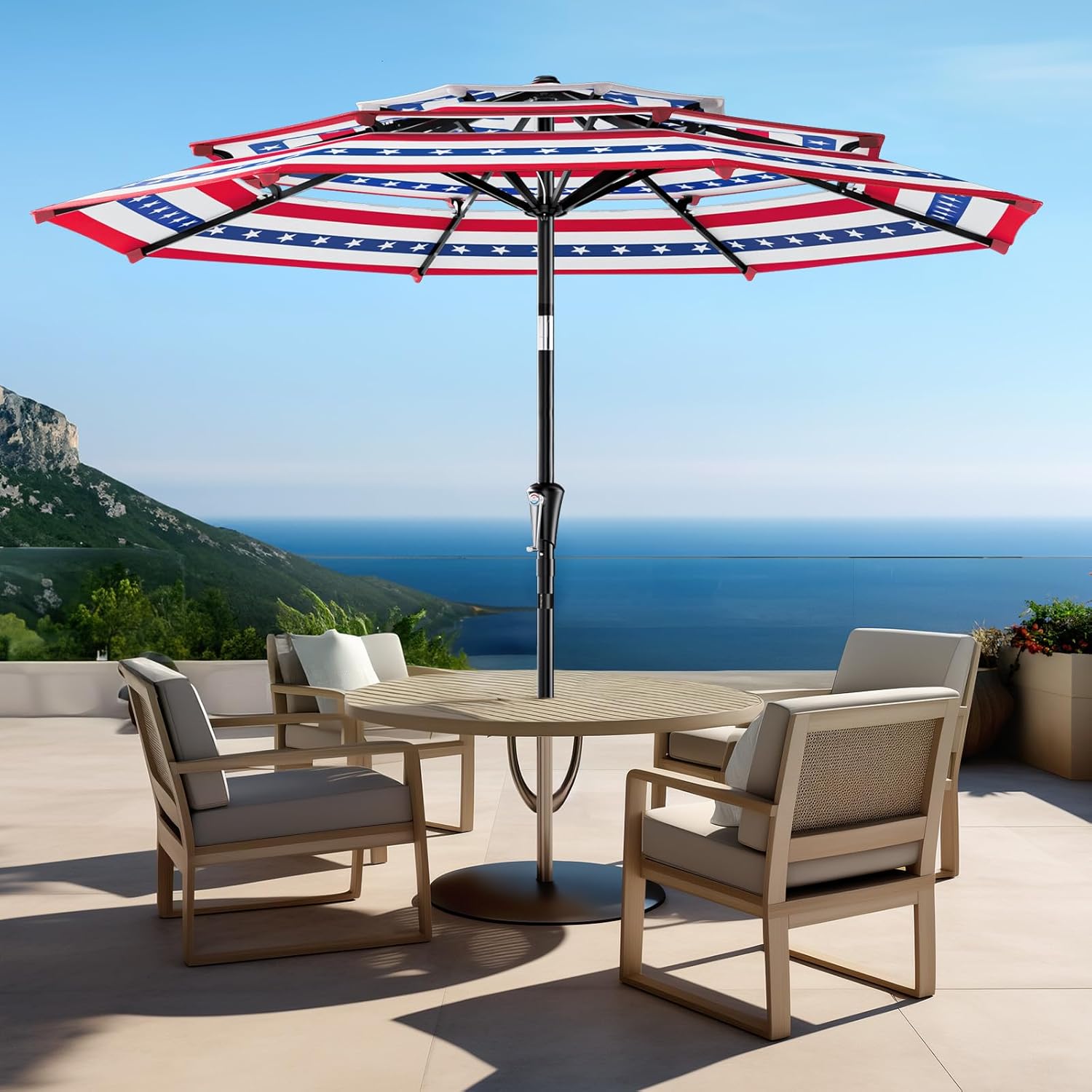 9 Feet 3-Tiers Outdoor Patio Umbrella Push Button Tilt & Crank with 5-Year Fade Resistant