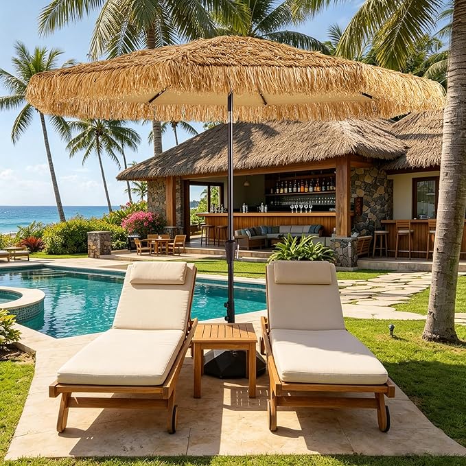 9 Feet Tiki Patio Umbrella, Hawaiian Style Thatched Market Umbrella with Crank & Tilt, UPF50+ Canopy and Heavy-Duty Steel Ribs