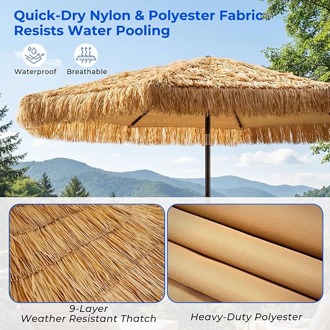9 Feet Tiki Patio Umbrella, Hawaiian Style Thatched Market Umbrella with Crank & Tilt, UPF50+ Canopy and Heavy-Duty Steel Ribs