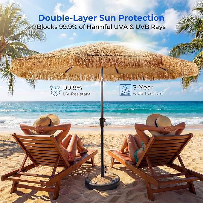 9 Feet Tiki Patio Umbrella, Hawaiian Style Thatched Market Umbrella with Crank & Tilt, UPF50+ Canopy and Heavy-Duty Steel Ribs