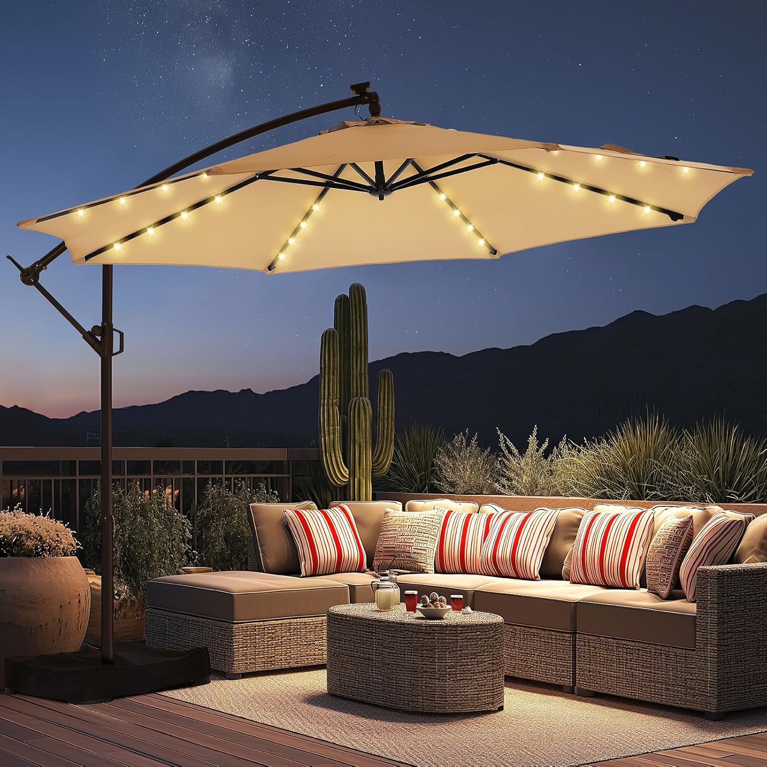 10 Feet Solar Offset Patio Umbrella, LED Lighted Cantilever Hanging Umbrella with Base Included，Easy Tilt and Crank
