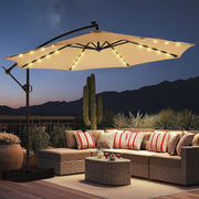 10 Feet Solar Offset Patio Umbrella, LED Lighted Cantilever Hanging Umbrella with Base Included，Easy Tilt and Crank