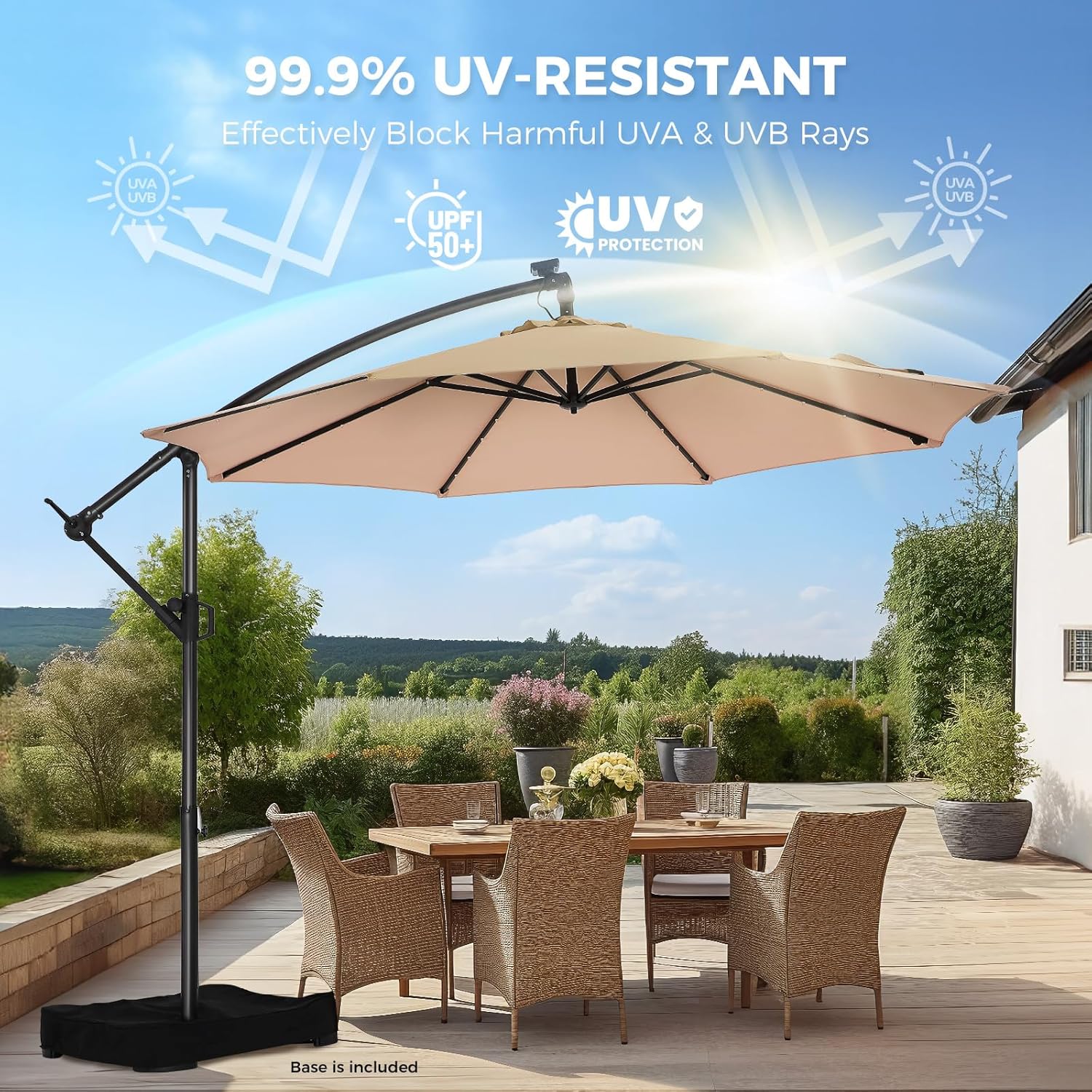10 Feet Solar Offset Patio Umbrella, LED Lighted Cantilever Hanging Umbrella with Base Included，Easy Tilt and Crank
