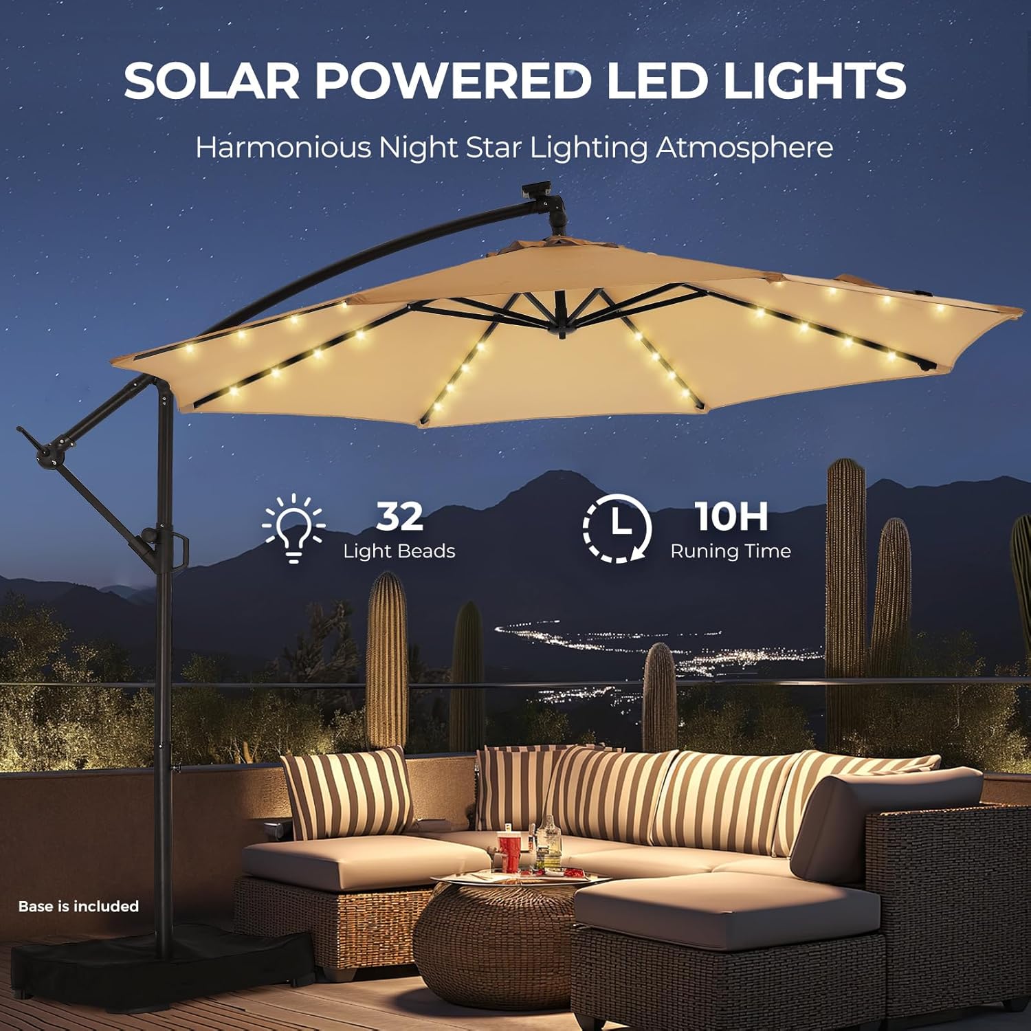 10 Feet Solar Offset Patio Umbrella, LED Lighted Cantilever Hanging Umbrella with Base Included，Easy Tilt and Crank