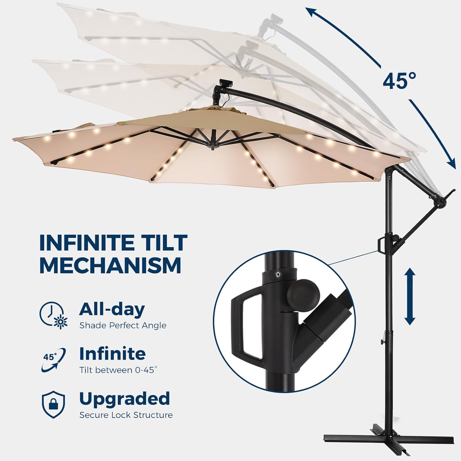 10 Feet Solar Offset Patio Umbrella, LED Lighted Cantilever Hanging Umbrella with Base Included，Easy Tilt and Crank