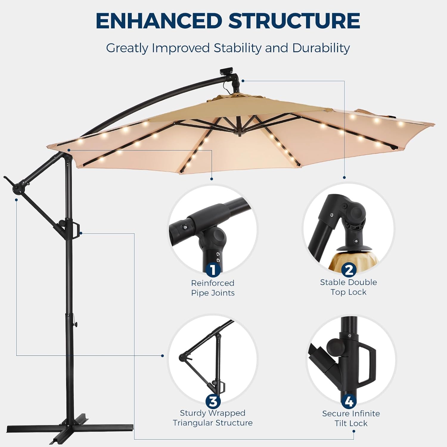10 Feet Solar Offset Patio Umbrella, LED Lighted Cantilever Hanging Umbrella with Base Included，Easy Tilt and Crank