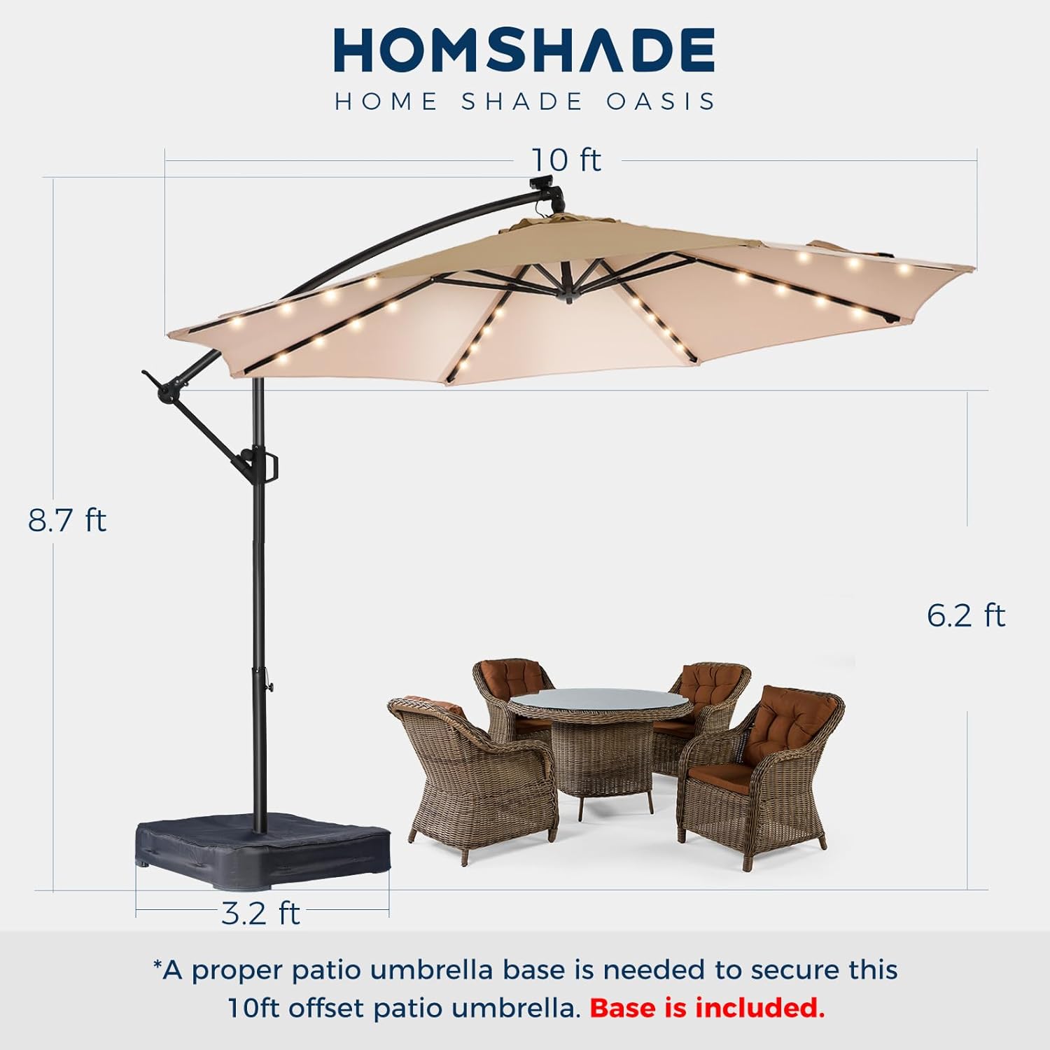 10 Feet Solar Offset Patio Umbrella, LED Lighted Cantilever Hanging Umbrella with Base Included，Easy Tilt and Crank