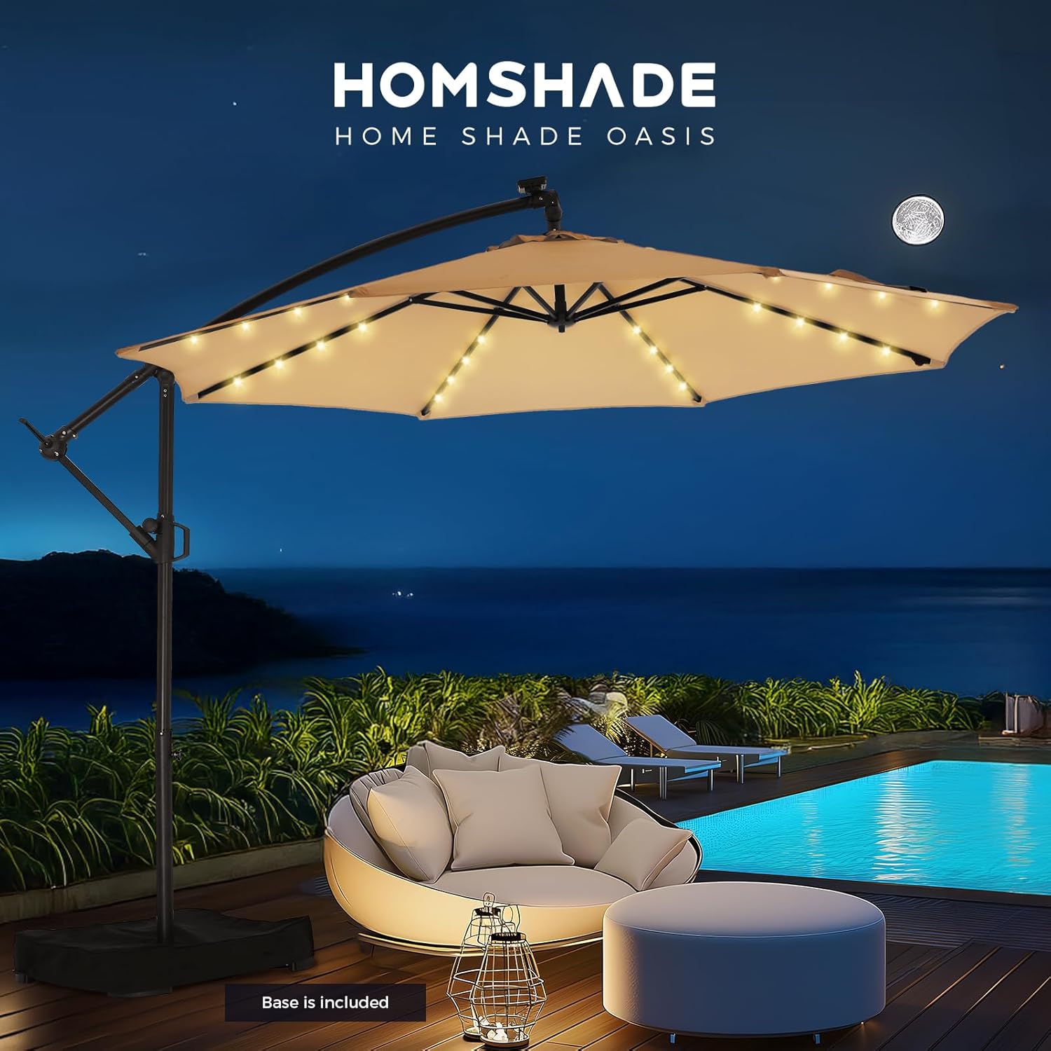 10 Feet Solar Offset Patio Umbrella, LED Lighted Cantilever Hanging Umbrella with Base Included，Easy Tilt and Crank