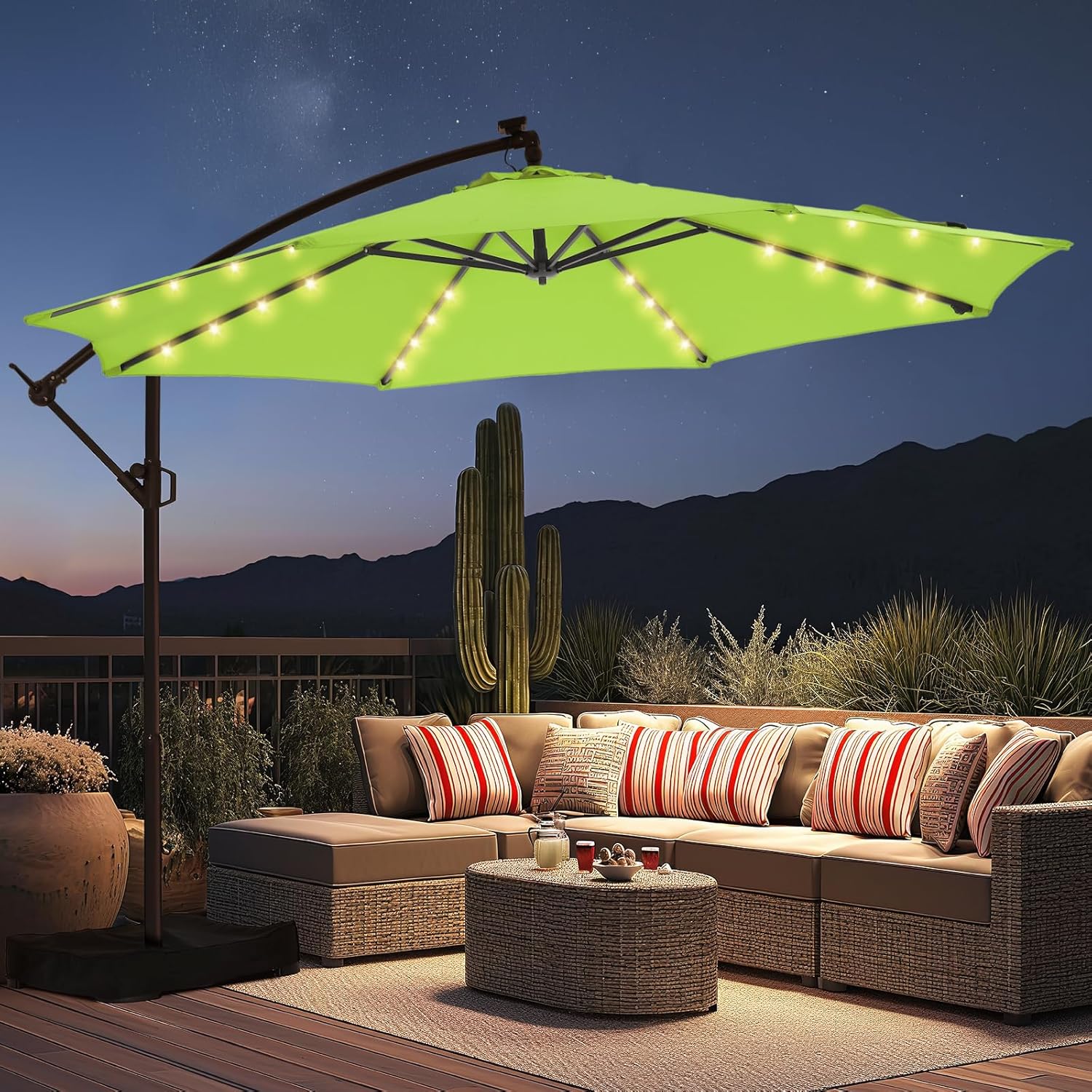 10 Feet Solar Offset Patio Umbrella, LED Lighted Cantilever Hanging Umbrella with Base Included，Easy Tilt and Crank
