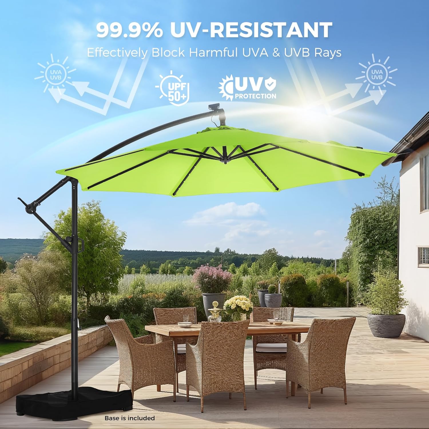 10 Feet Solar Offset Patio Umbrella, LED Lighted Cantilever Hanging Umbrella with Base Included，Easy Tilt and Crank