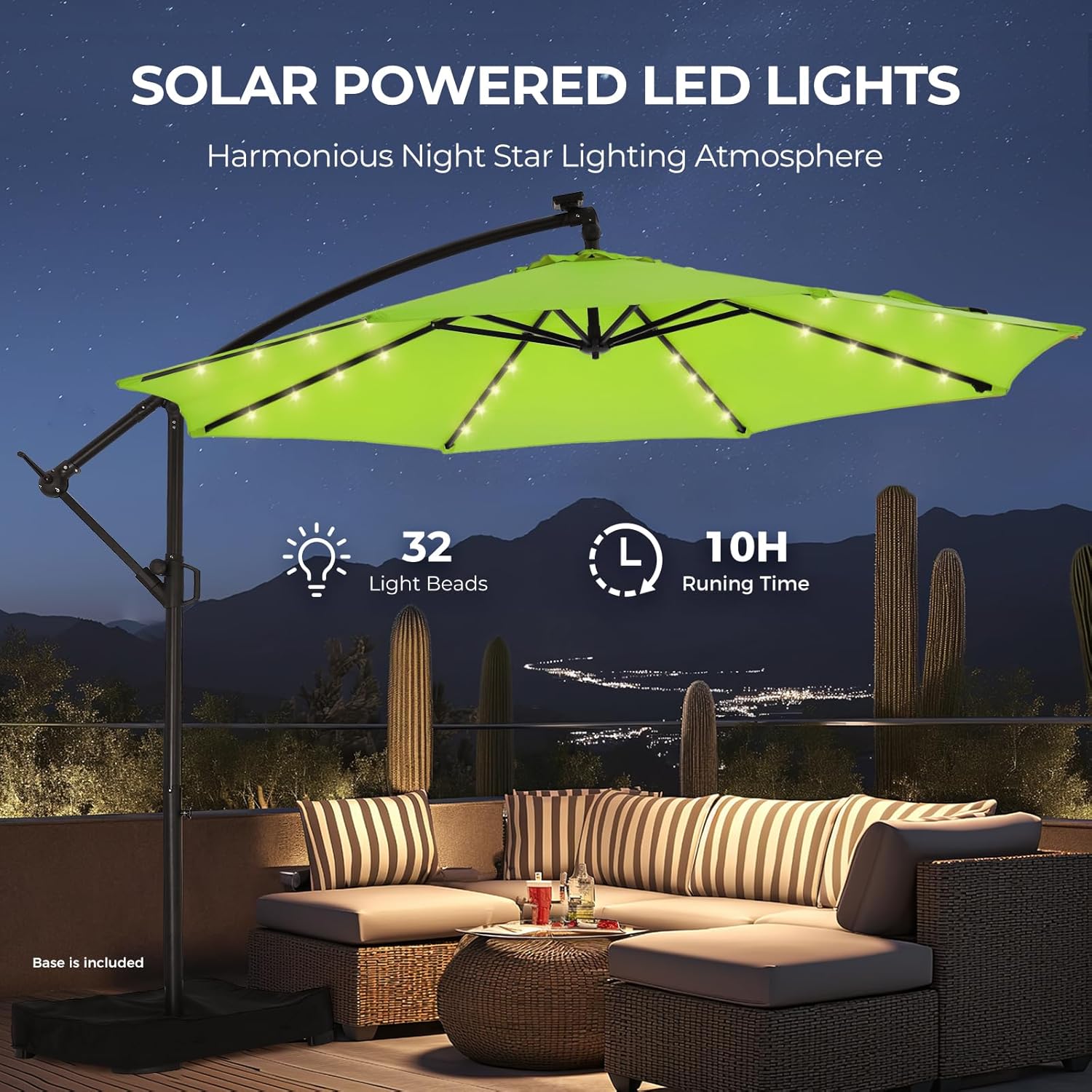 10 Feet Solar Offset Patio Umbrella, LED Lighted Cantilever Hanging Umbrella with Base Included，Easy Tilt and Crank