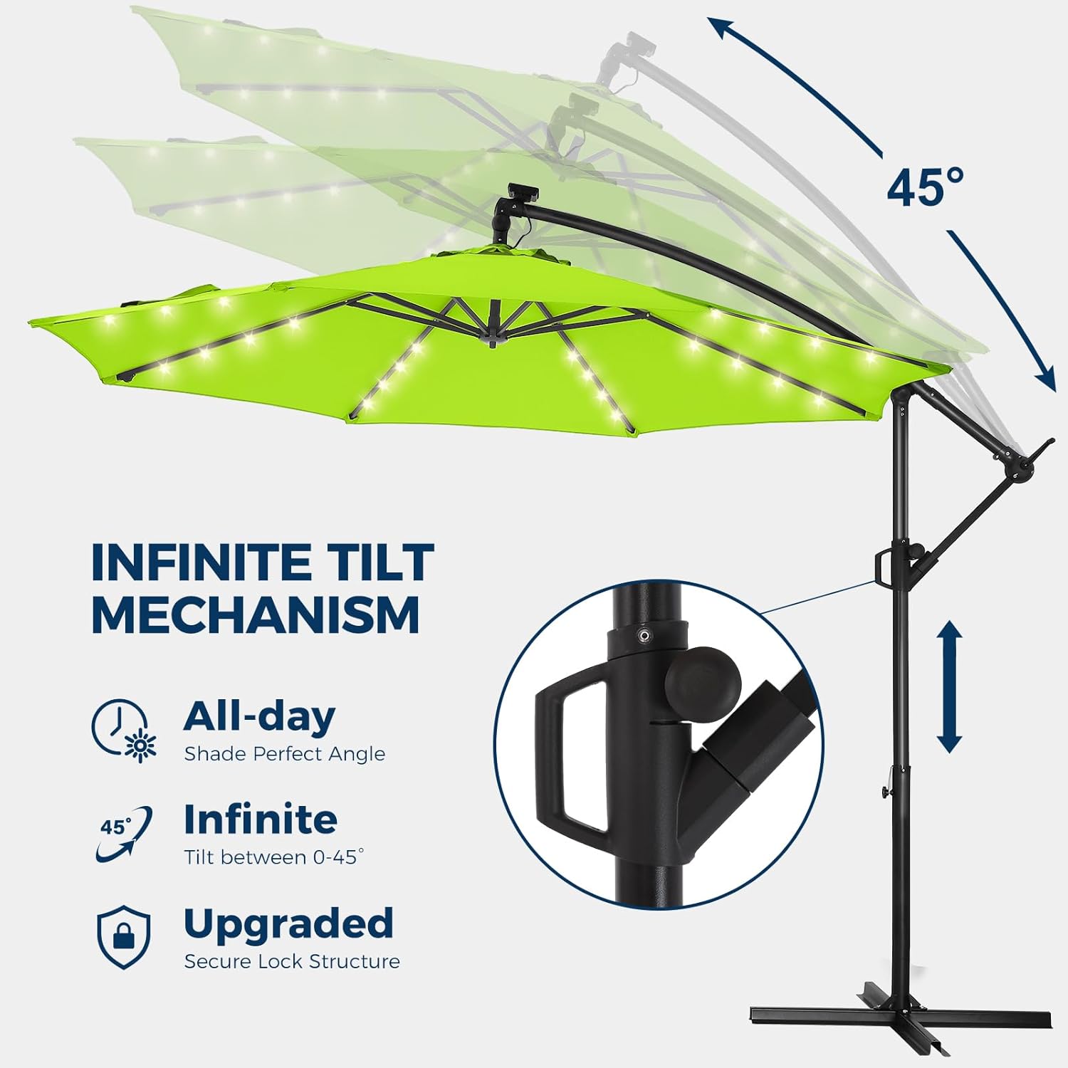 10 Feet Solar Offset Patio Umbrella, LED Lighted Cantilever Hanging Umbrella with Base Included，Easy Tilt and Crank