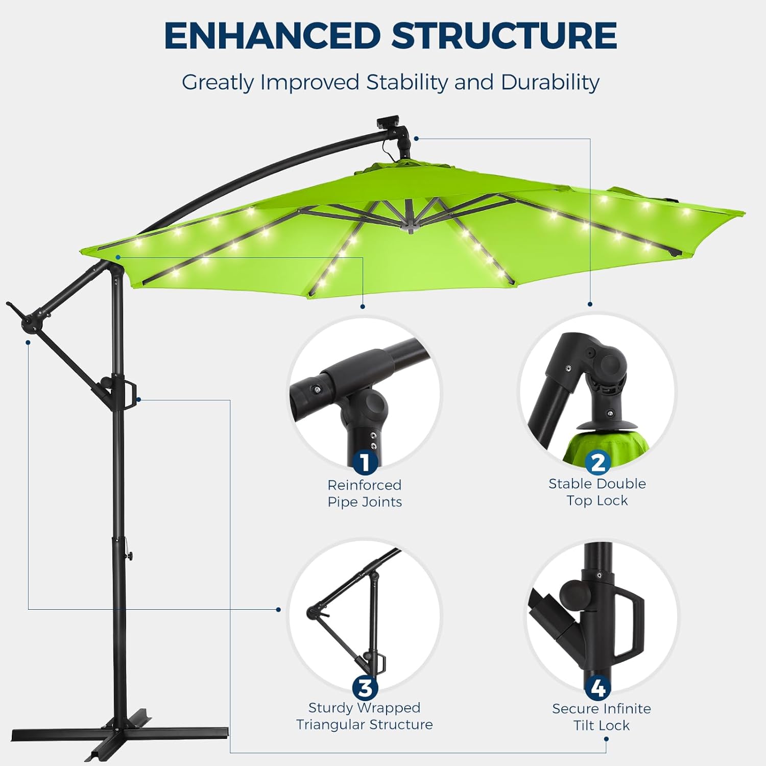 10 Feet Solar Offset Patio Umbrella, LED Lighted Cantilever Hanging Umbrella with Base Included，Easy Tilt and Crank