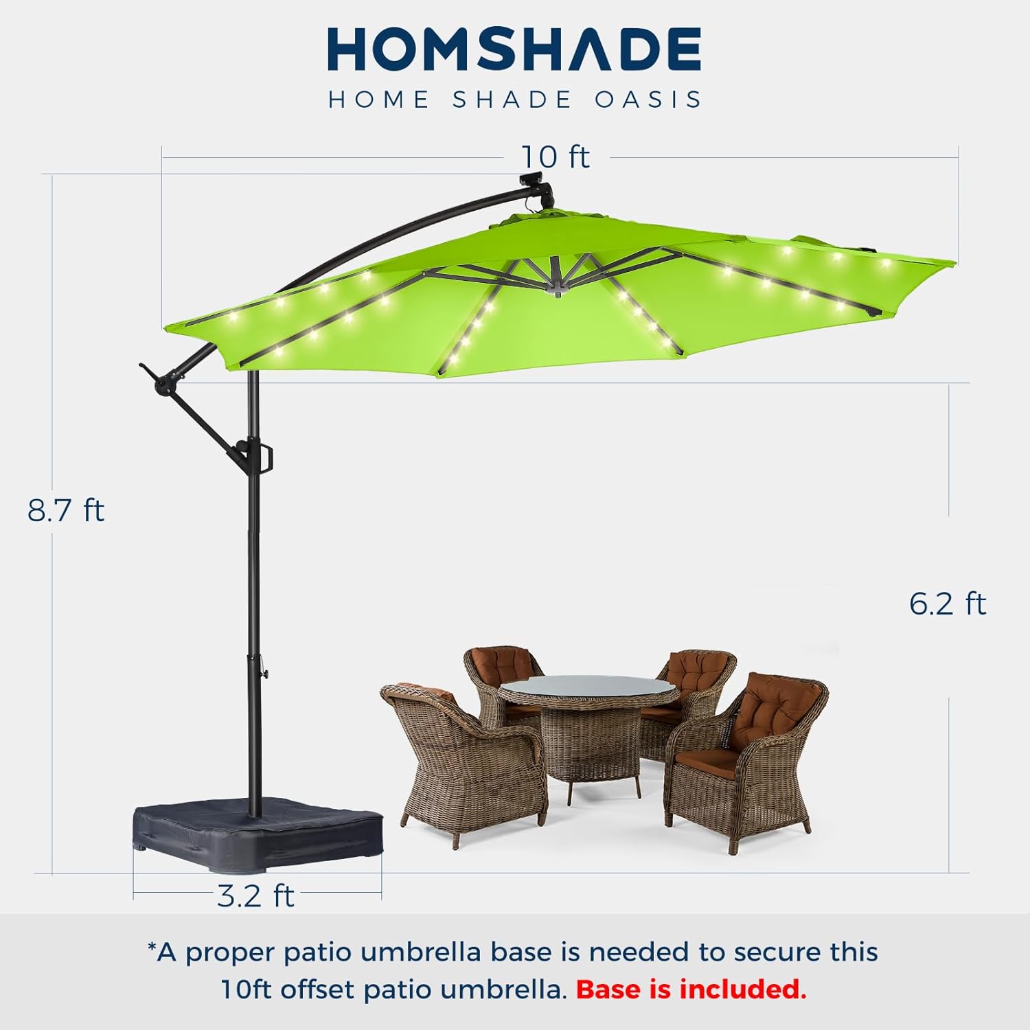 10 Feet Solar Offset Patio Umbrella, LED Lighted Cantilever Hanging Umbrella with Base Included，Easy Tilt and Crank