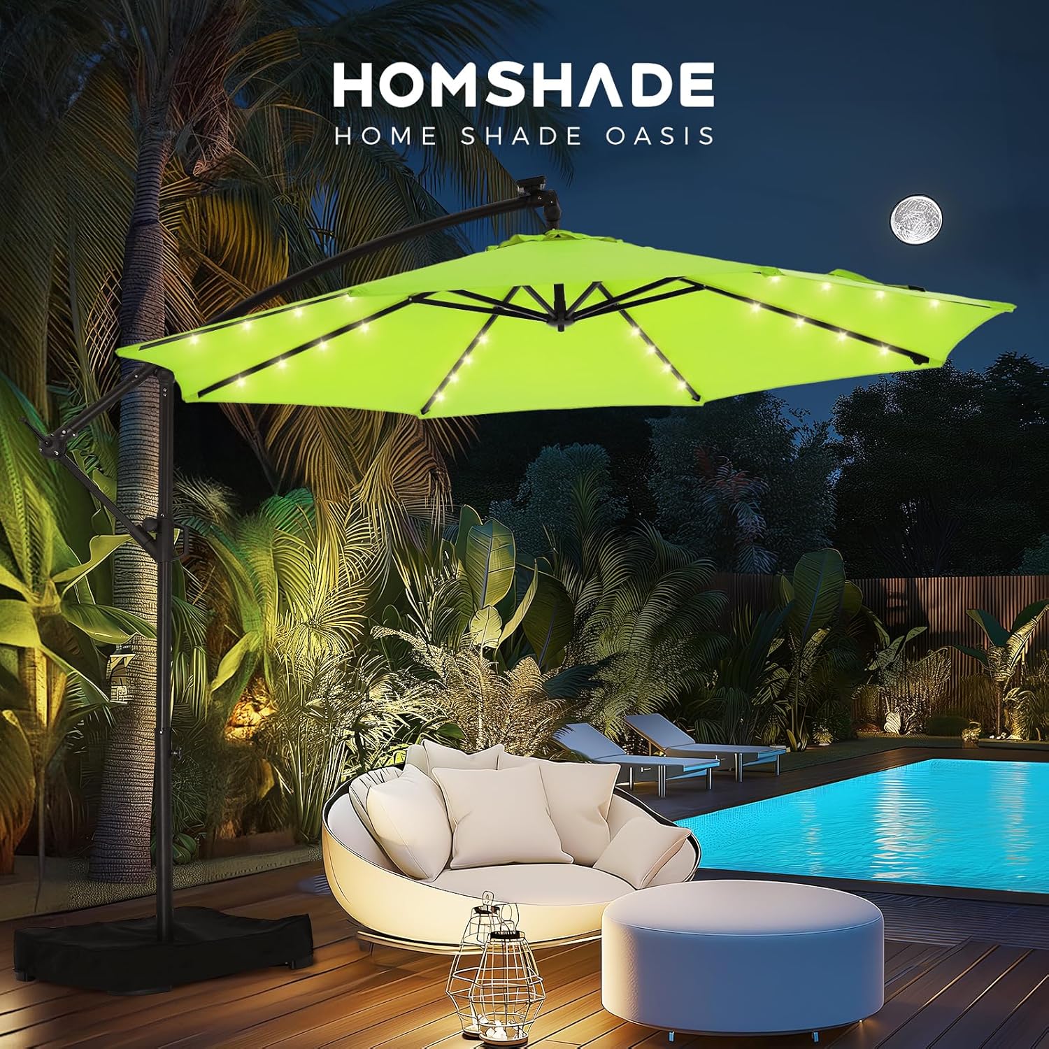 10 Feet Solar Offset Patio Umbrella, LED Lighted Cantilever Hanging Umbrella with Base Included，Easy Tilt and Crank