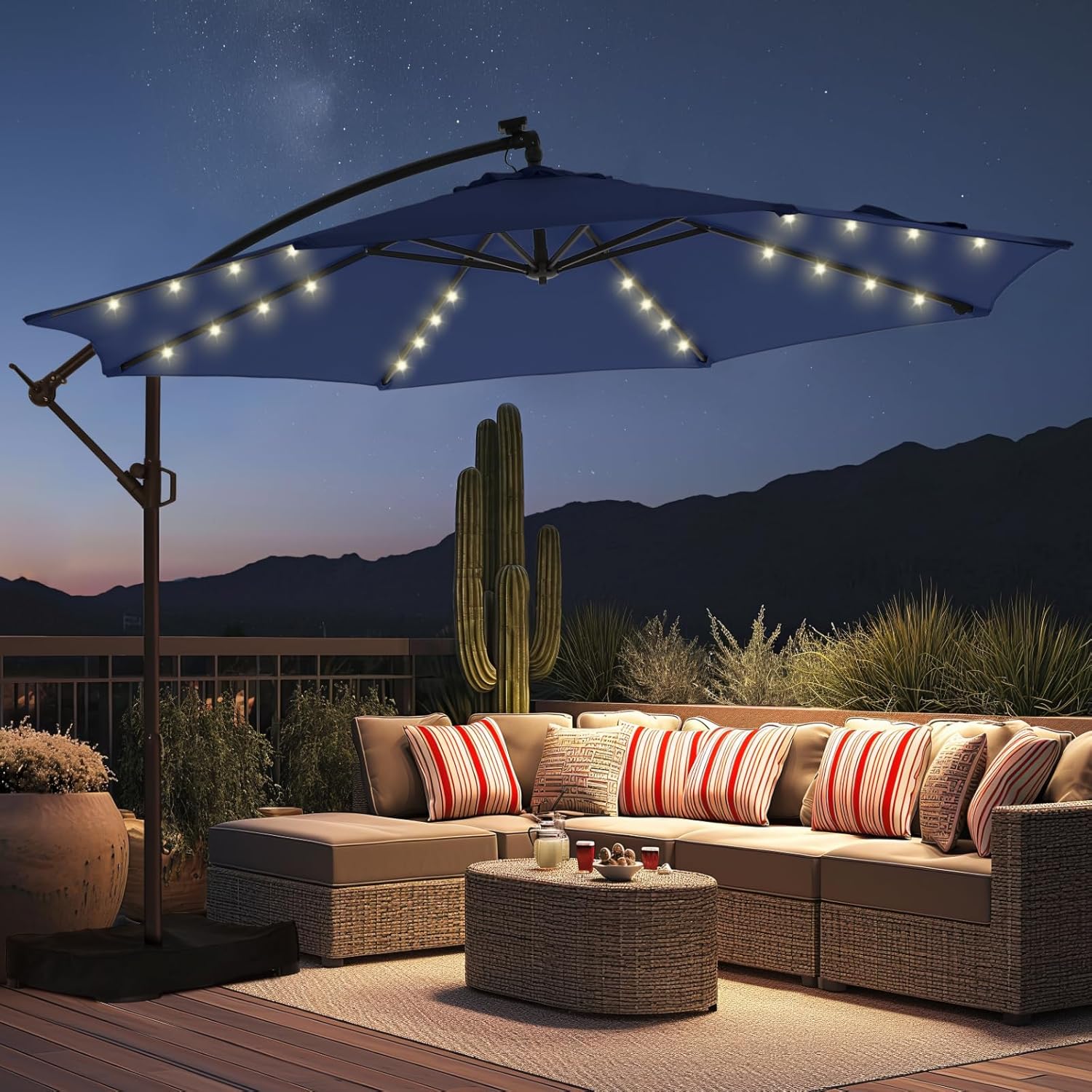 10 Feet Solar Offset Patio Umbrella, LED Lighted Cantilever Hanging Umbrella with Base Included，Easy Tilt and Crank