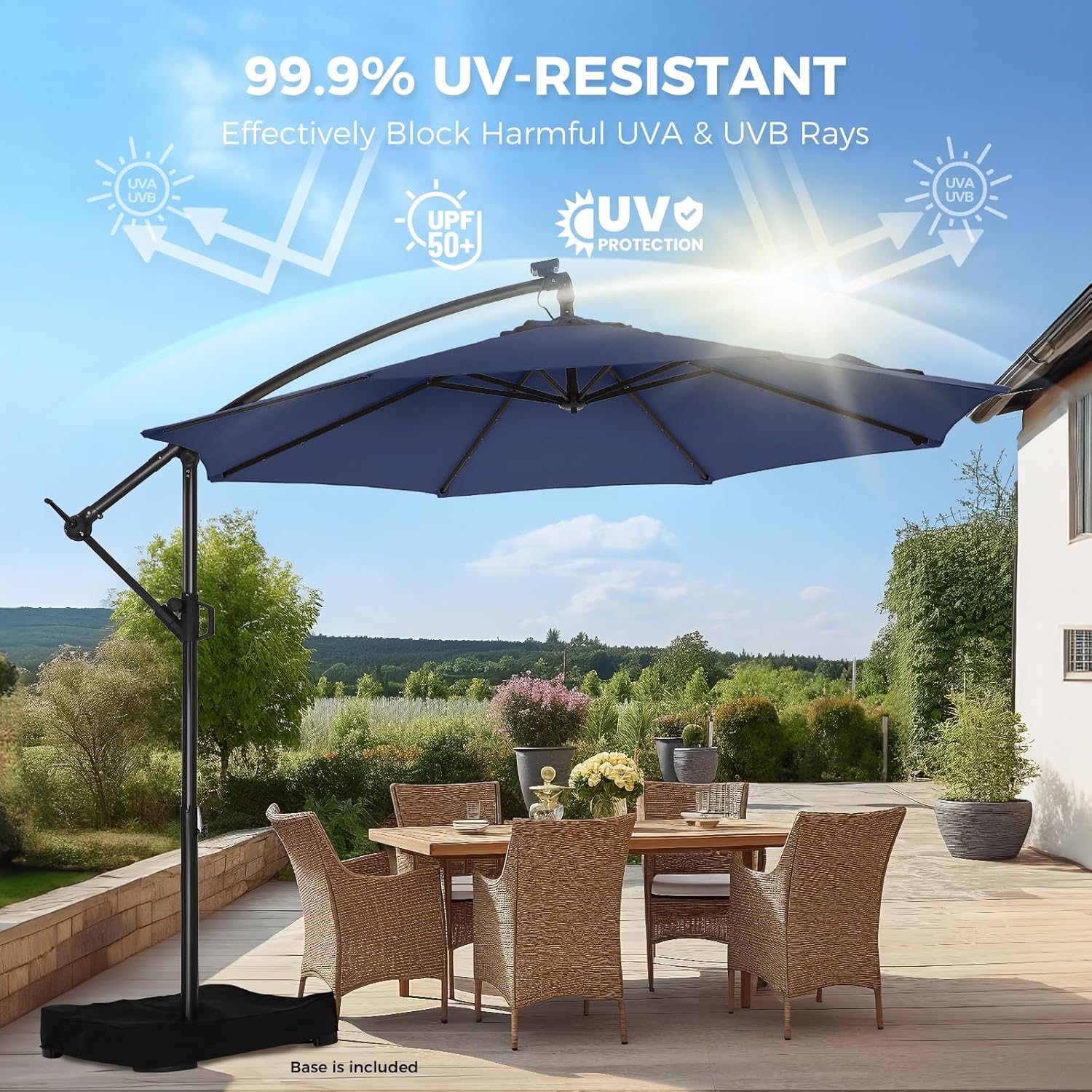 10 Feet Solar Offset Patio Umbrella, LED Lighted Cantilever Hanging Umbrella with Base Included，Easy Tilt and Crank