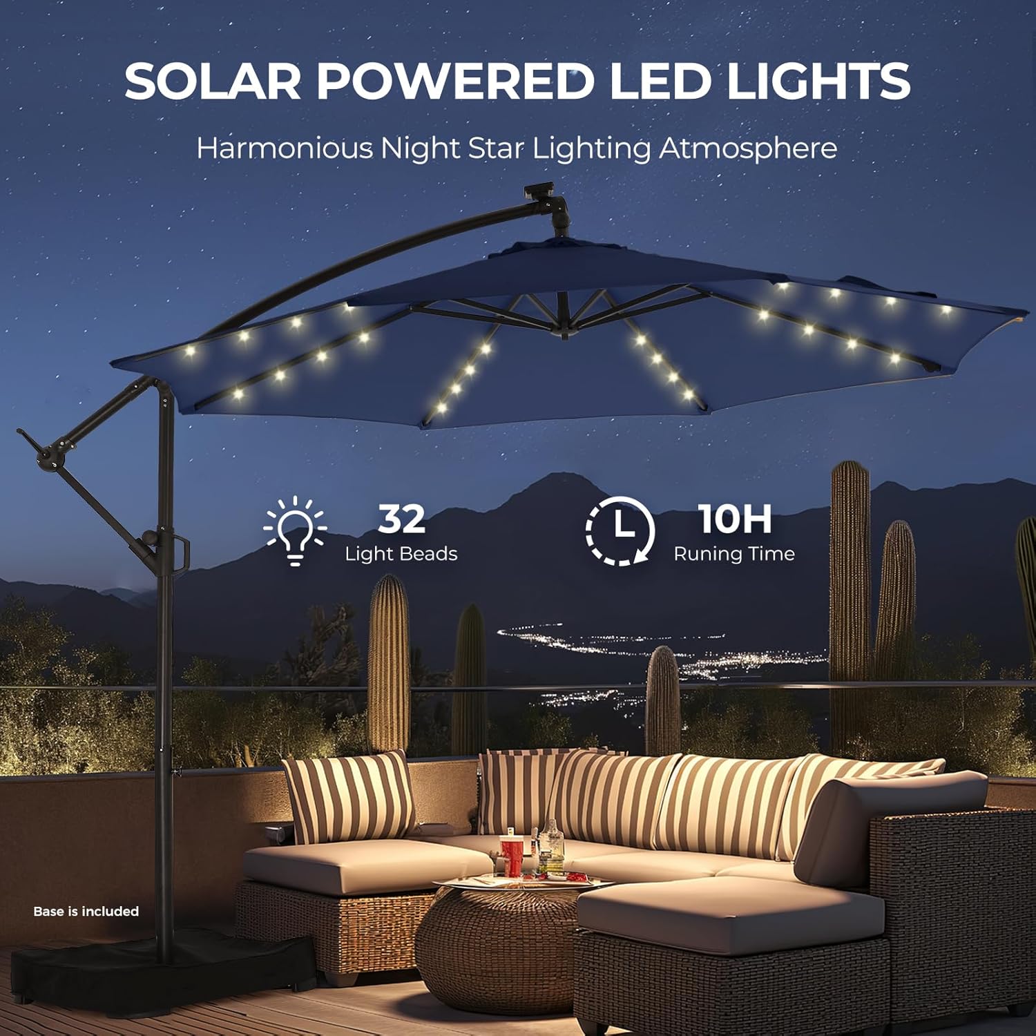 10 Feet Solar Offset Patio Umbrella, LED Lighted Cantilever Hanging Umbrella with Base Included，Easy Tilt and Crank