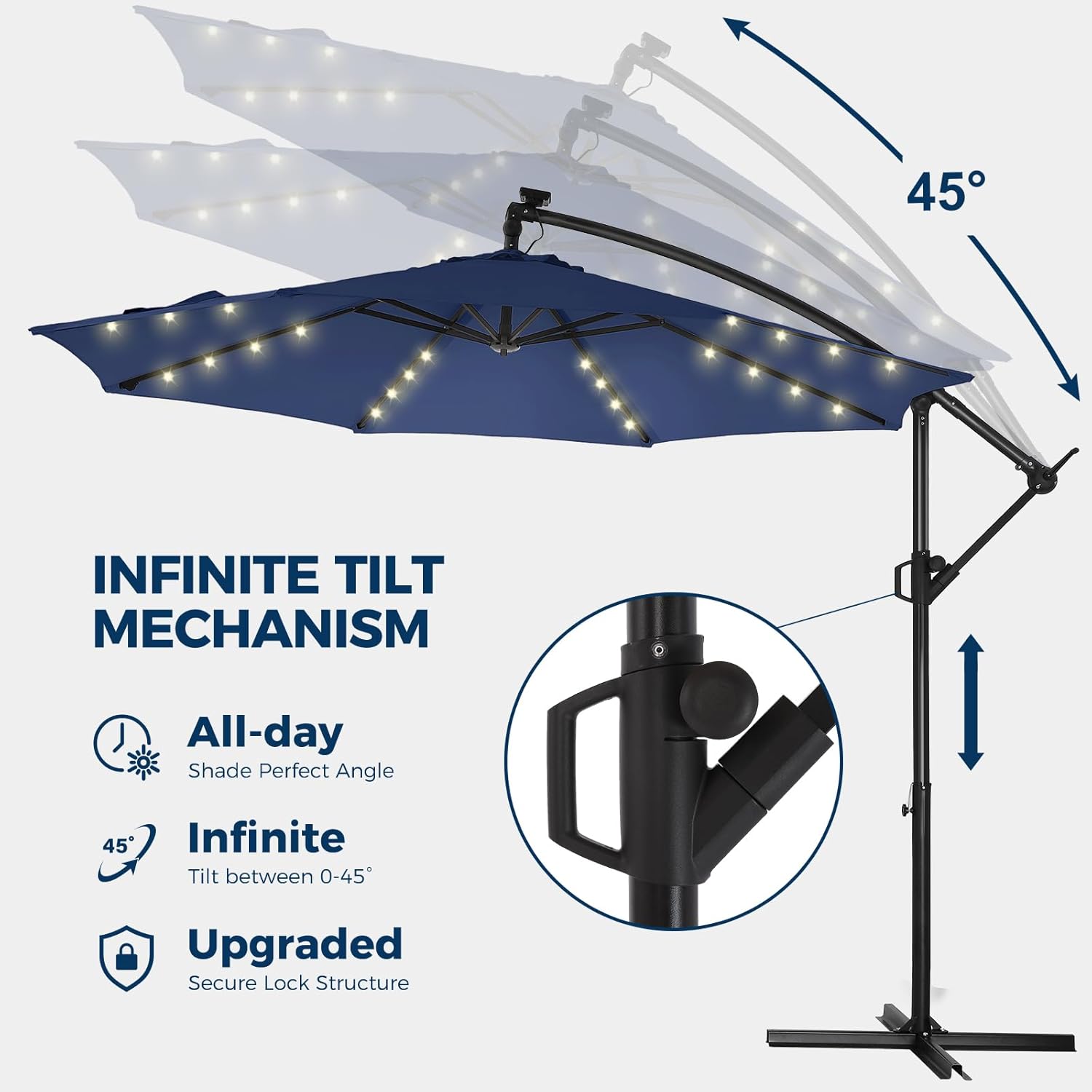 10 Feet Solar Offset Patio Umbrella, LED Lighted Cantilever Hanging Umbrella with Base Included，Easy Tilt and Crank