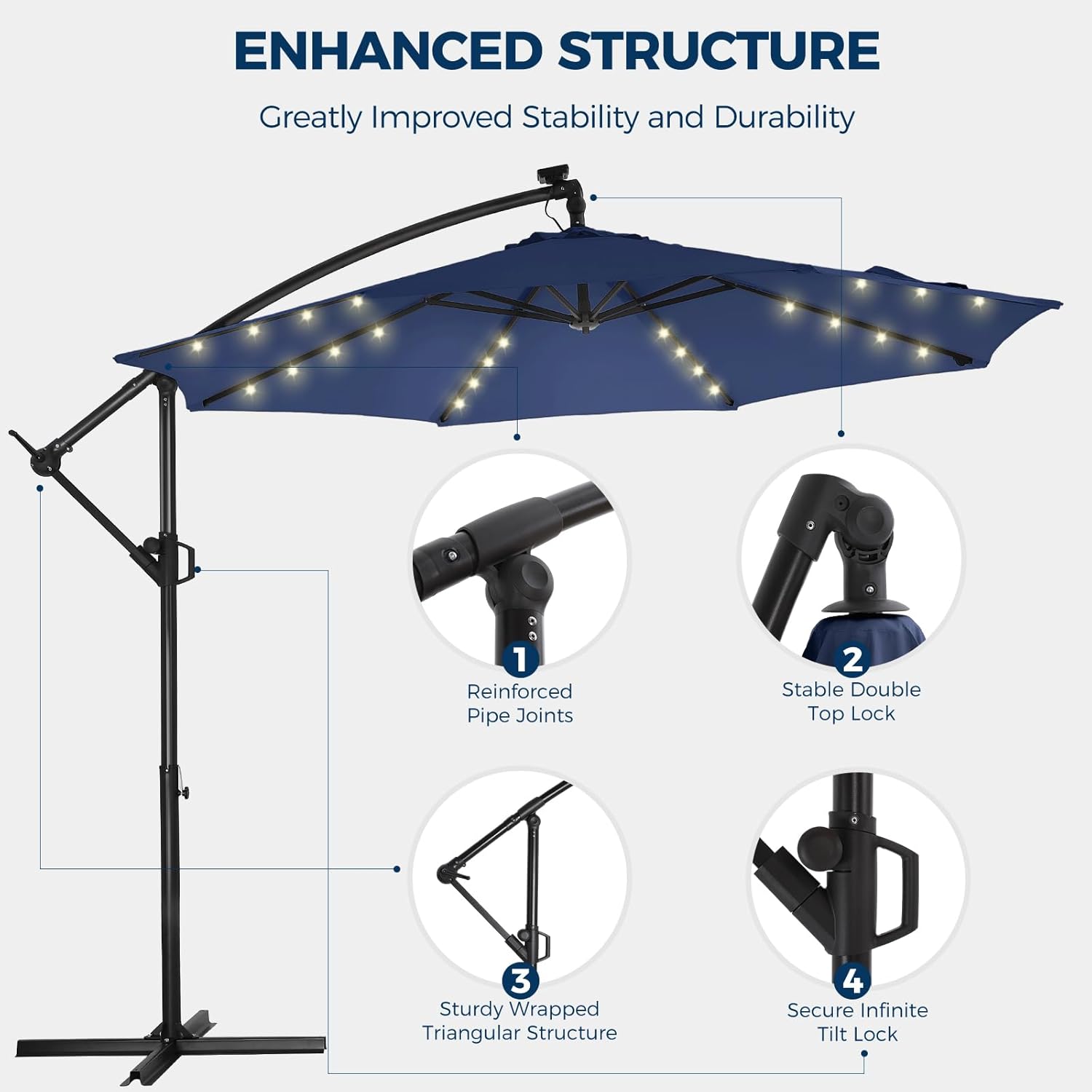 10 Feet Solar Offset Patio Umbrella, LED Lighted Cantilever Hanging Umbrella with Base Included，Easy Tilt and Crank