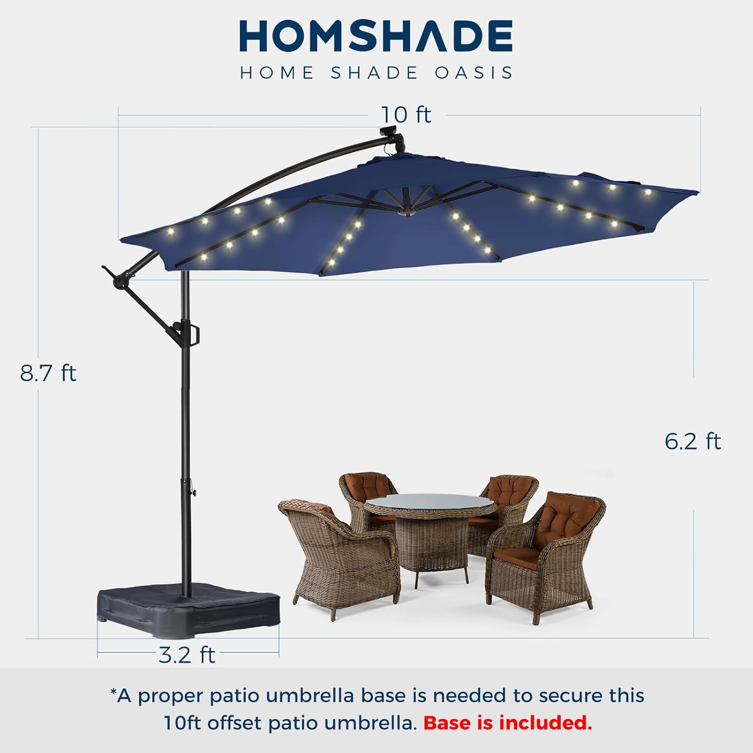 10 Feet Solar Offset Patio Umbrella, LED Lighted Cantilever Hanging Umbrella with Base Included，Easy Tilt and Crank