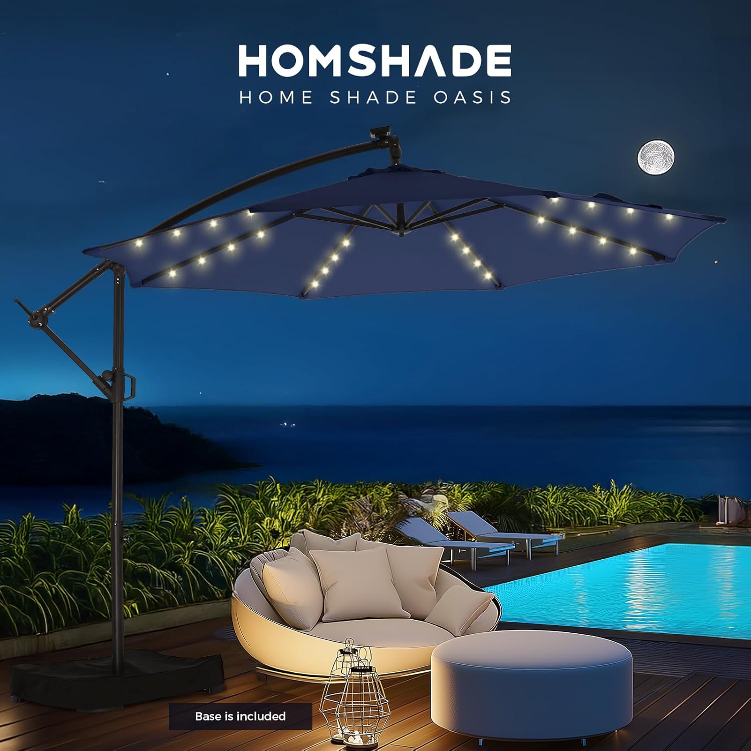 10 Feet Solar Offset Patio Umbrella, LED Lighted Cantilever Hanging Umbrella with Base Included，Easy Tilt and Crank