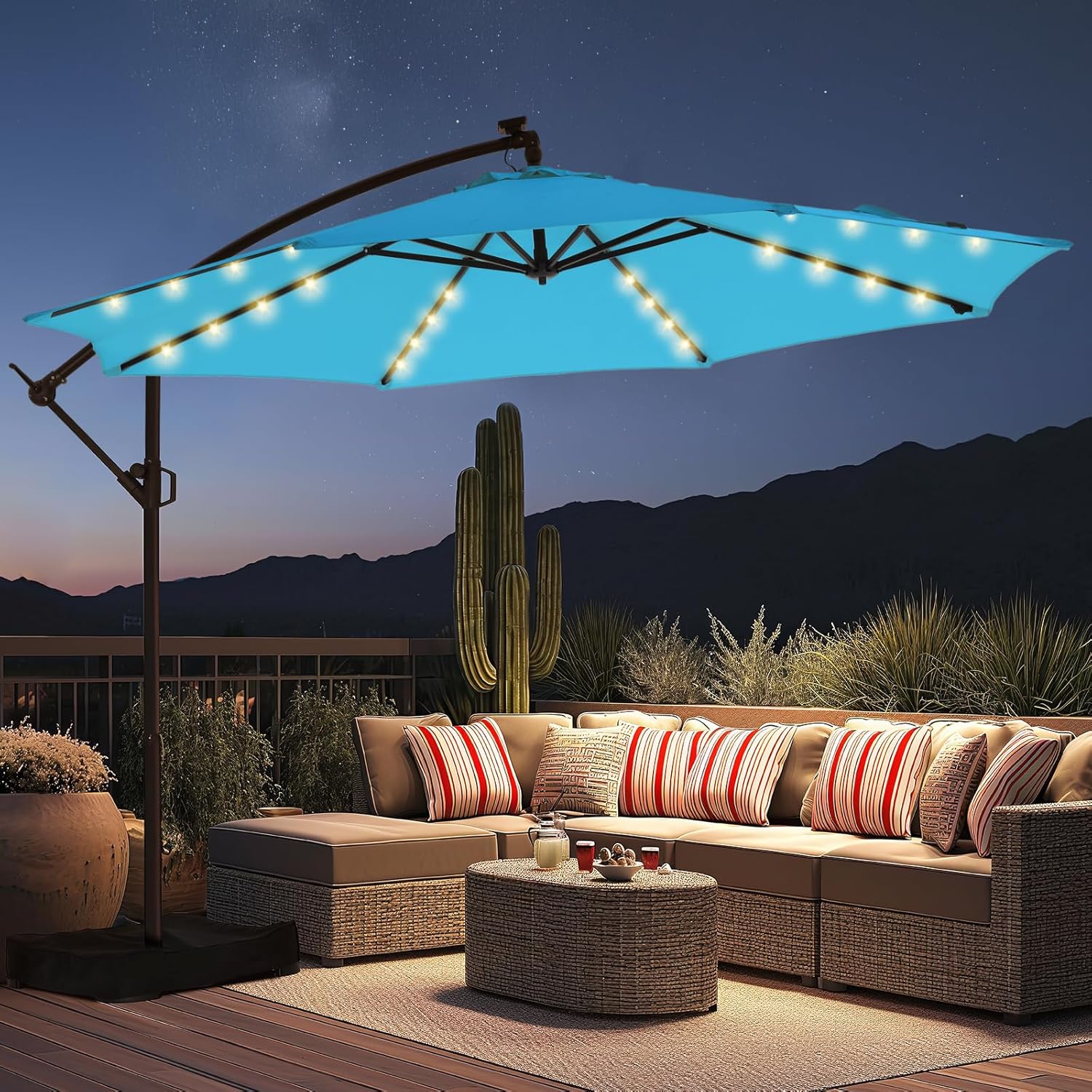 10 Feet Solar Offset Patio Umbrella, LED Lighted Cantilever Hanging Umbrella with Base Included，Easy Tilt and Crank