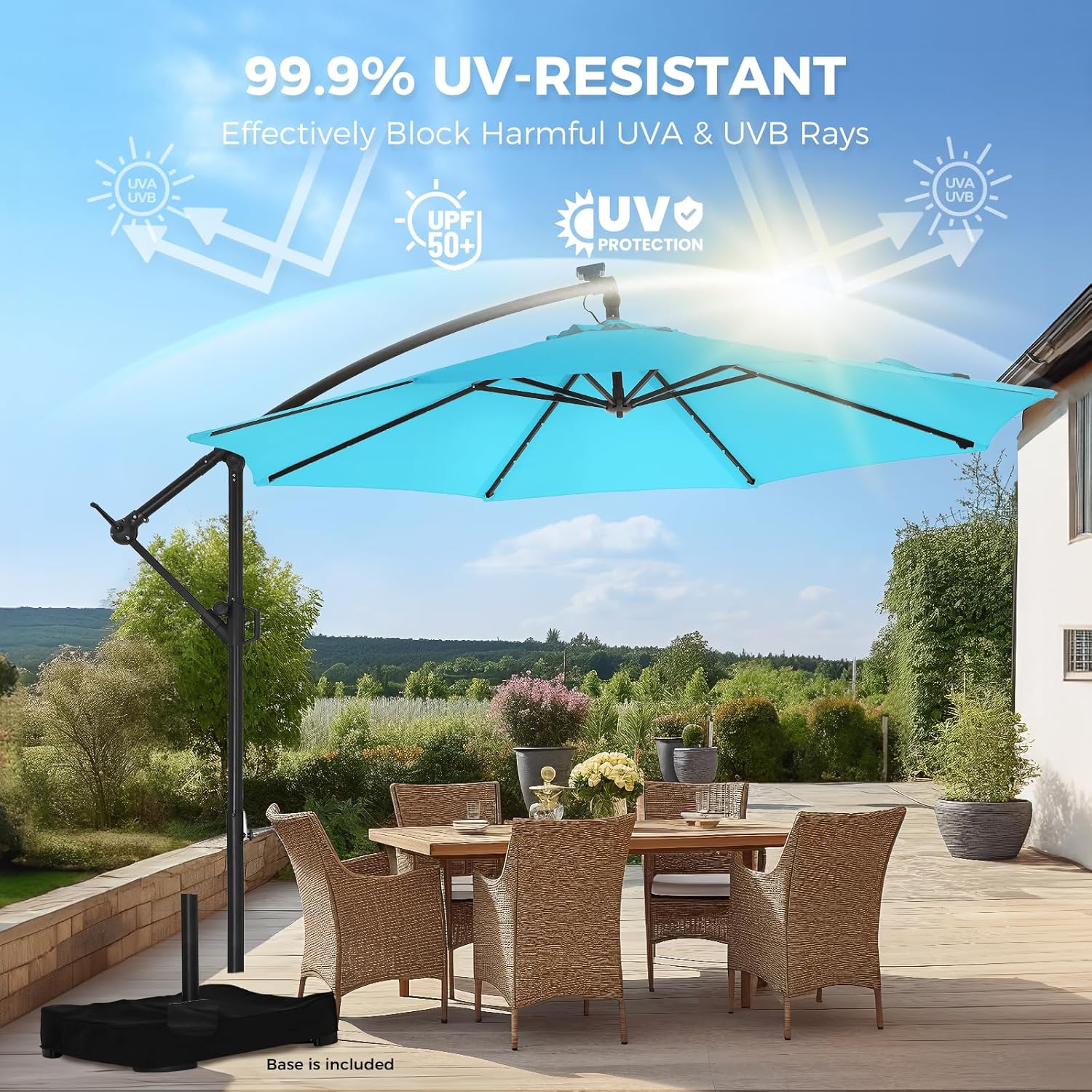 10 Feet Solar Offset Patio Umbrella, LED Lighted Cantilever Hanging Umbrella with Base Included，Easy Tilt and Crank