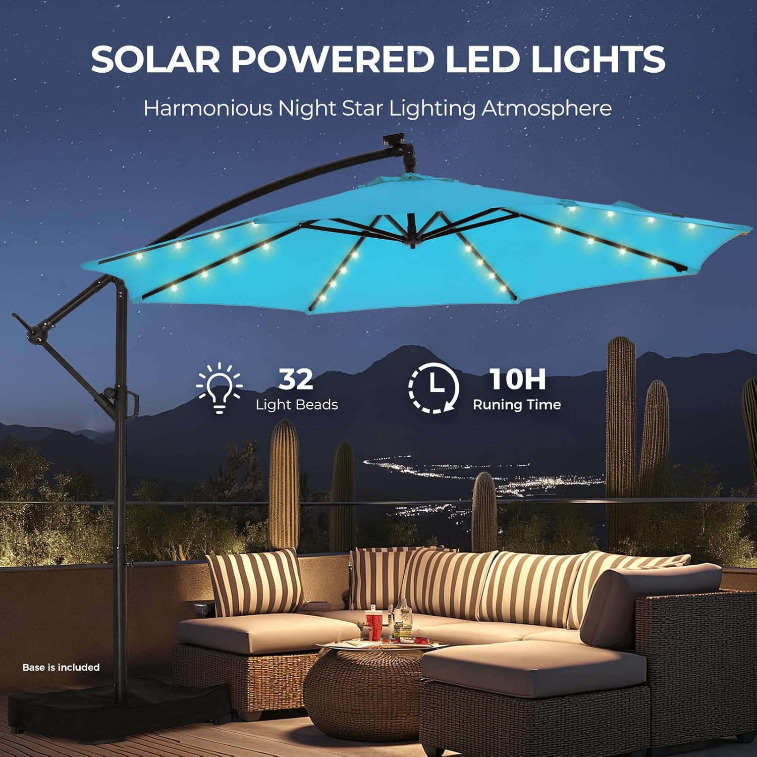 10 Feet Solar Offset Patio Umbrella, LED Lighted Cantilever Hanging Umbrella with Base Included，Easy Tilt and Crank