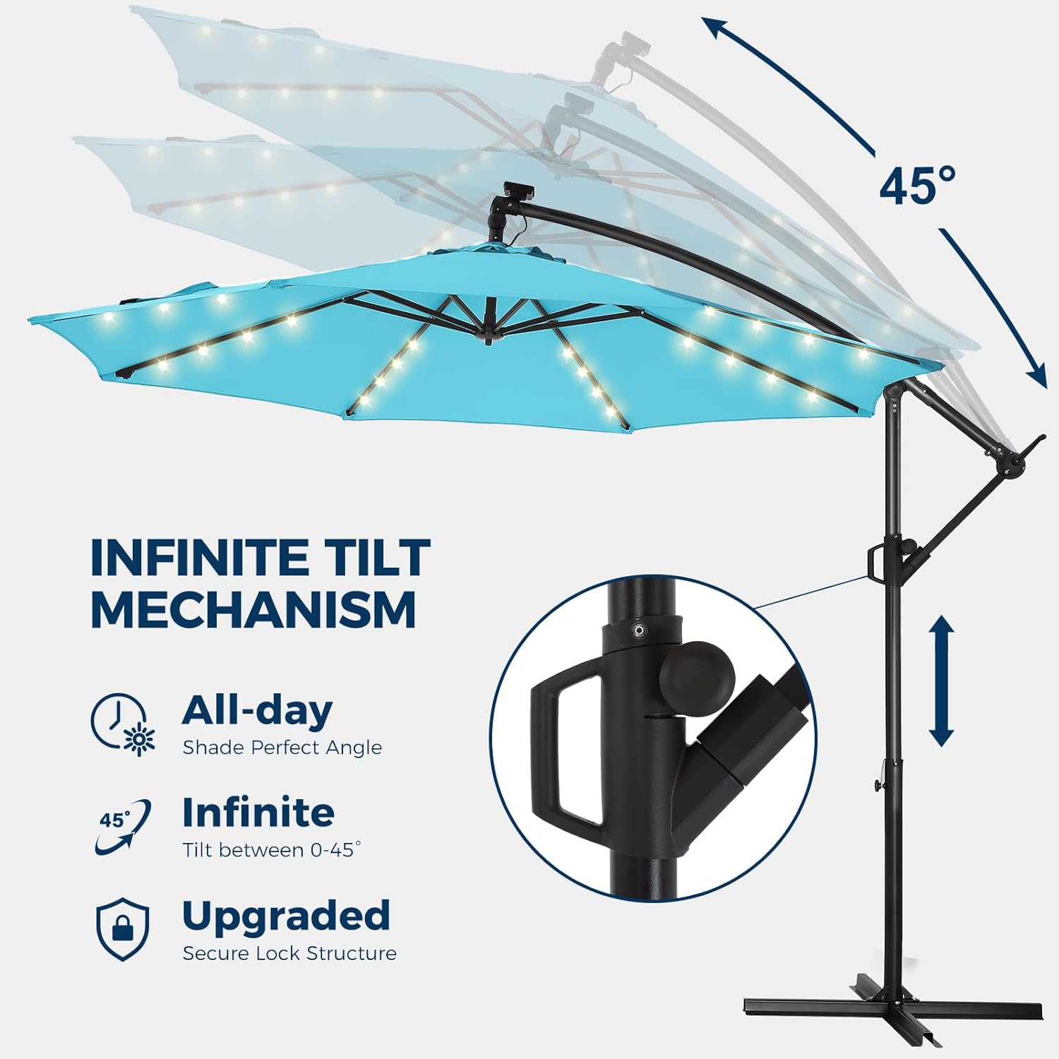 10 Feet Solar Offset Patio Umbrella, LED Lighted Cantilever Hanging Umbrella with Base Included，Easy Tilt and Crank
