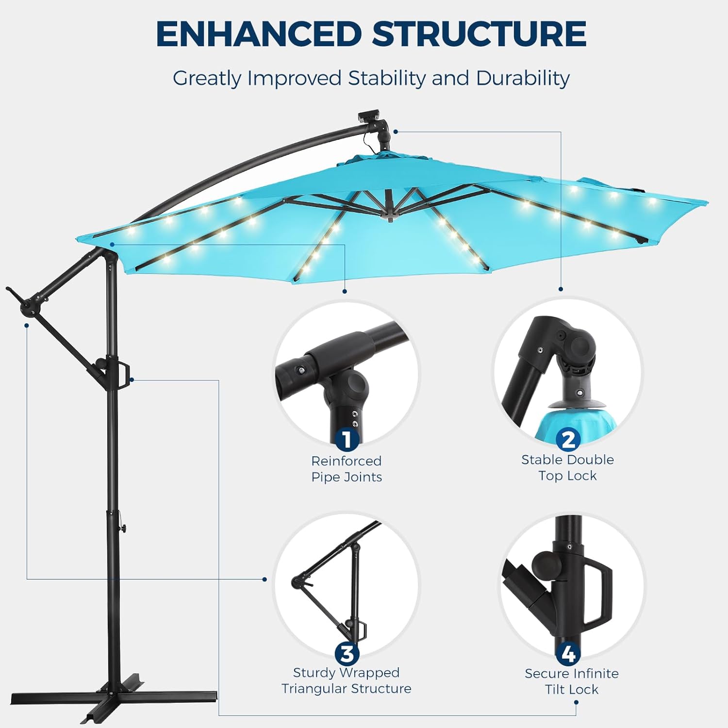 10 Feet Solar Offset Patio Umbrella, LED Lighted Cantilever Hanging Umbrella with Base Included，Easy Tilt and Crank