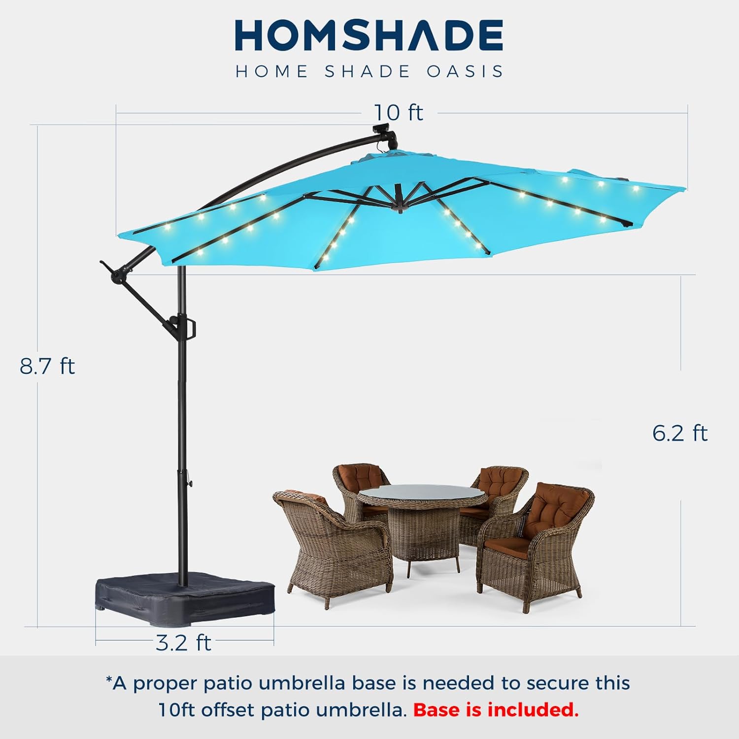 10 Feet Solar Offset Patio Umbrella, LED Lighted Cantilever Hanging Umbrella with Base Included，Easy Tilt and Crank