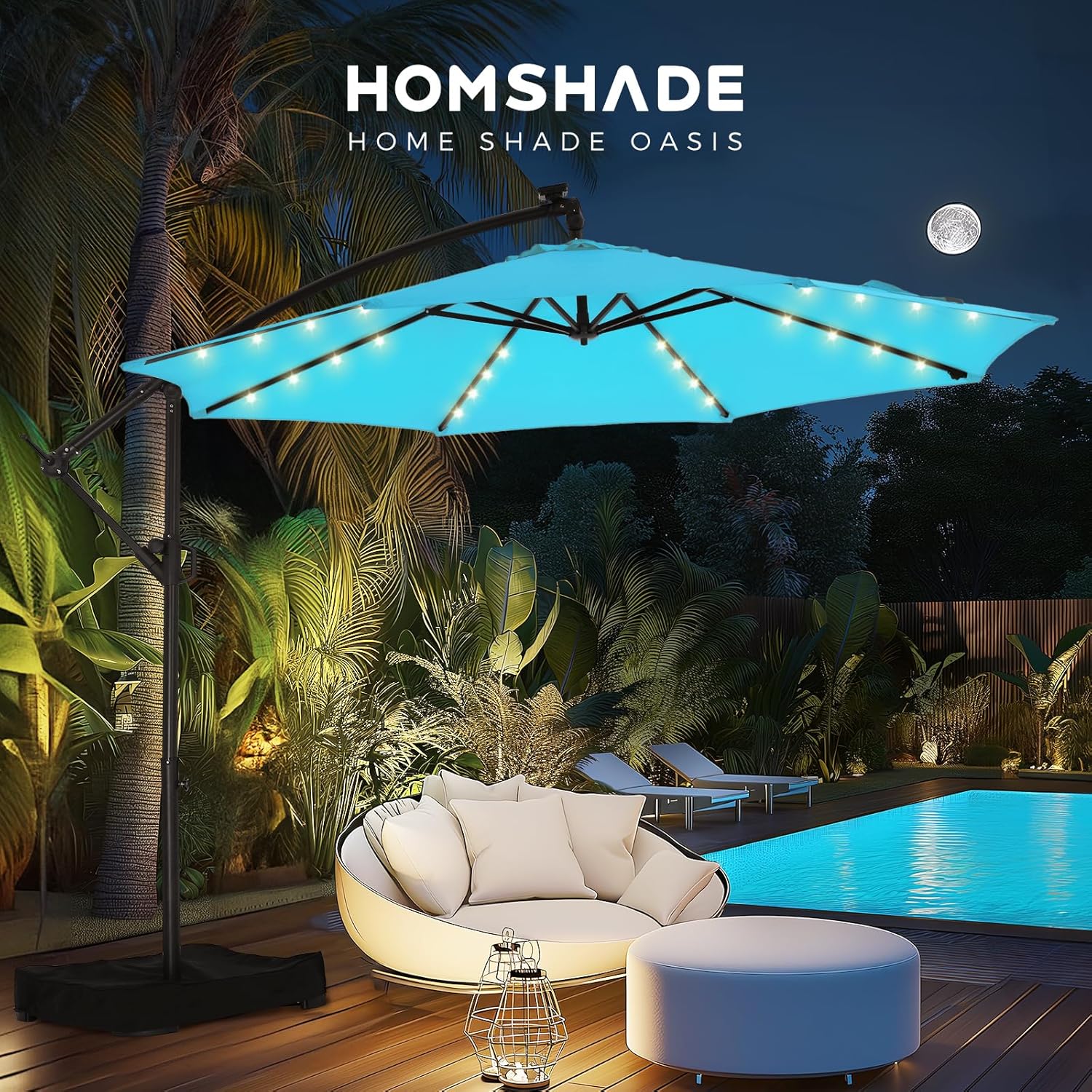 10 Feet Solar Offset Patio Umbrella, LED Lighted Cantilever Hanging Umbrella with Base Included，Easy Tilt and Crank