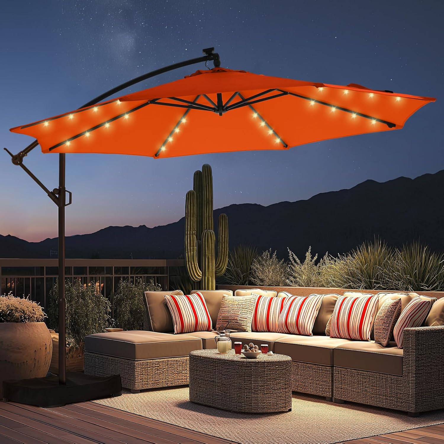 10 Feet Solar Offset Patio Umbrella, LED Lighted Cantilever Hanging Umbrella with Base Included，Easy Tilt and Crank