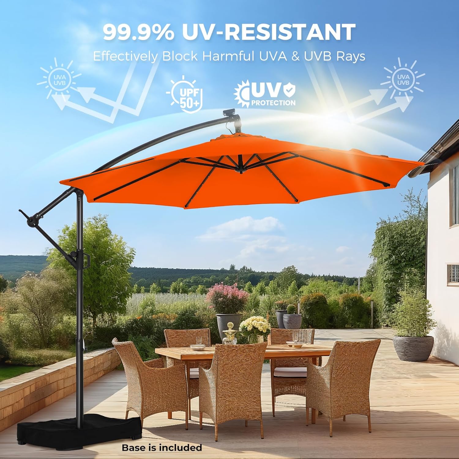 10 Feet Solar Offset Patio Umbrella, LED Lighted Cantilever Hanging Umbrella with Base Included，Easy Tilt and Crank