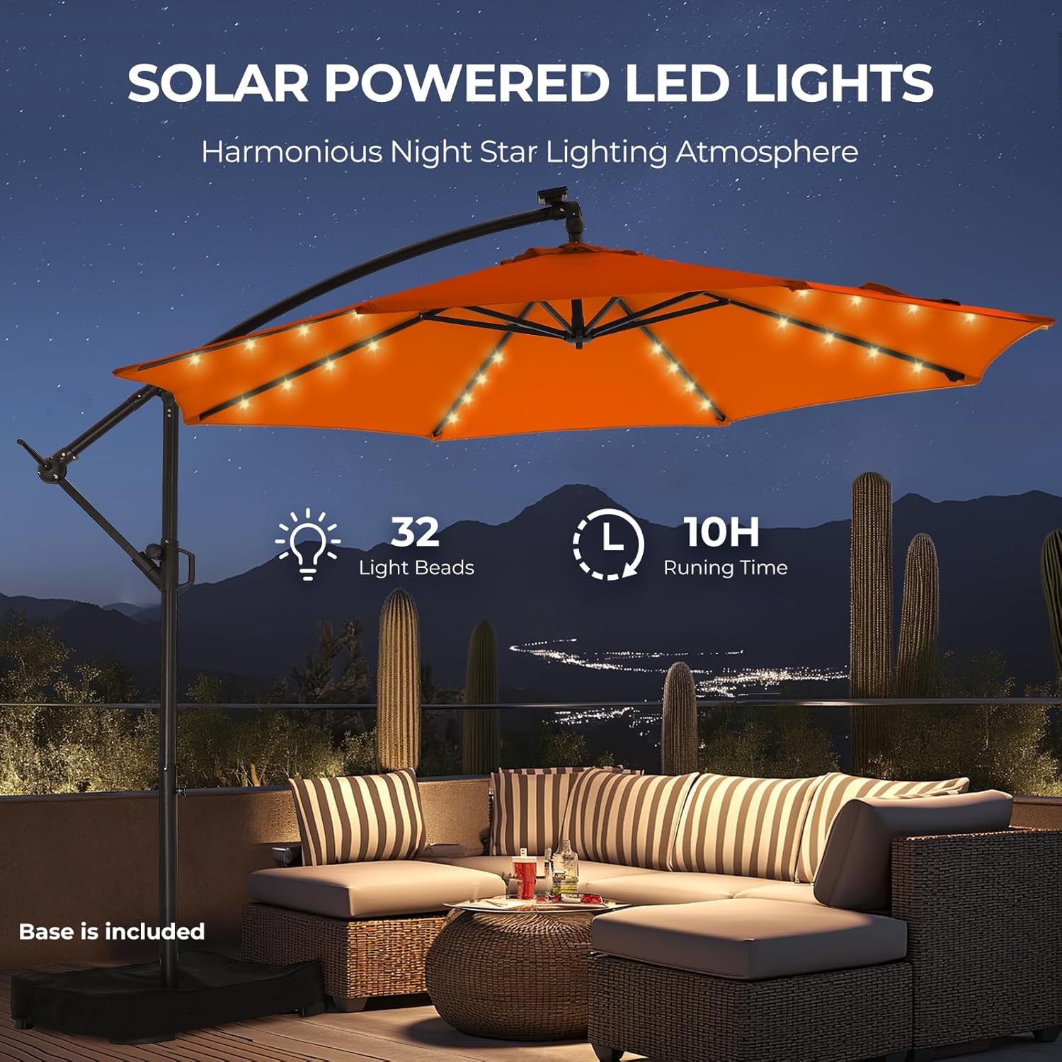 10 Feet Solar Offset Patio Umbrella, LED Lighted Cantilever Hanging Umbrella with Base Included，Easy Tilt and Crank
