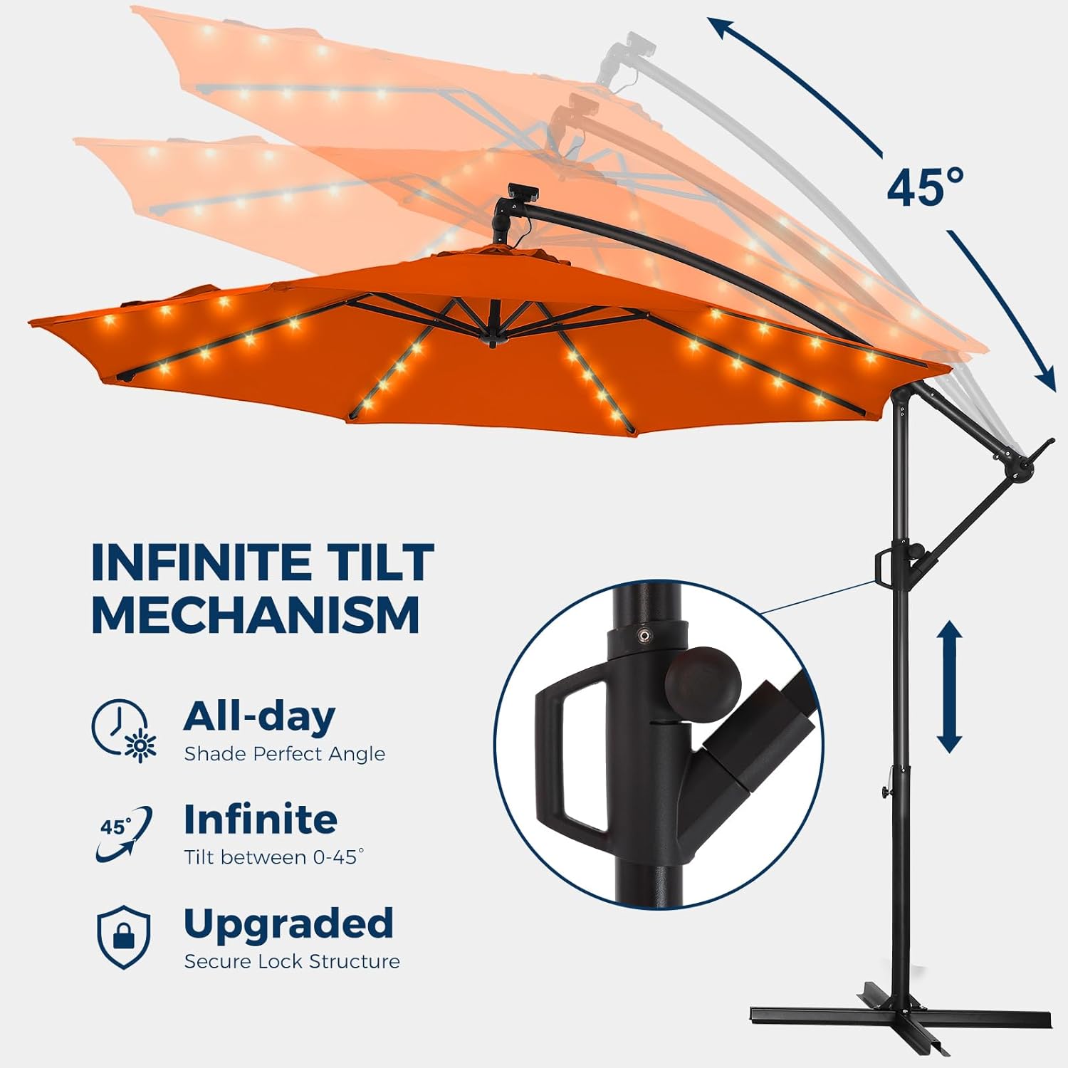 10 Feet Solar Offset Patio Umbrella, LED Lighted Cantilever Hanging Umbrella with Base Included，Easy Tilt and Crank