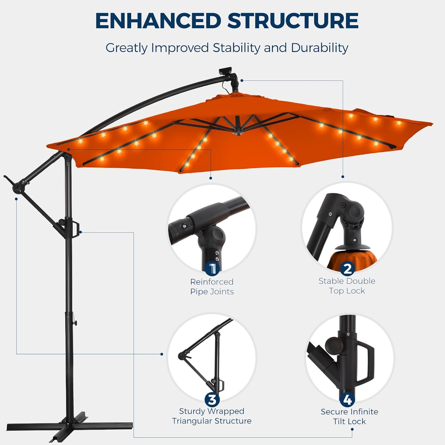 10 Feet Solar Offset Patio Umbrella, LED Lighted Cantilever Hanging Umbrella with Base Included，Easy Tilt and Crank