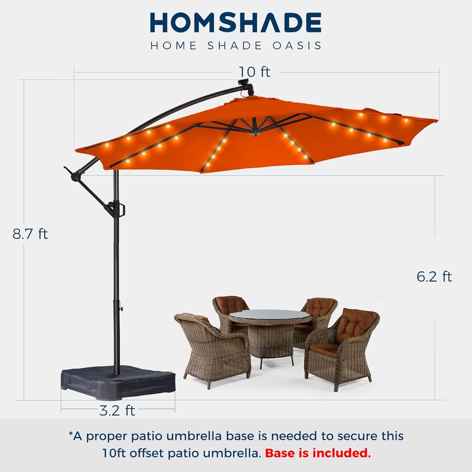 10 Feet Solar Offset Patio Umbrella, LED Lighted Cantilever Hanging Umbrella with Base Included，Easy Tilt and Crank