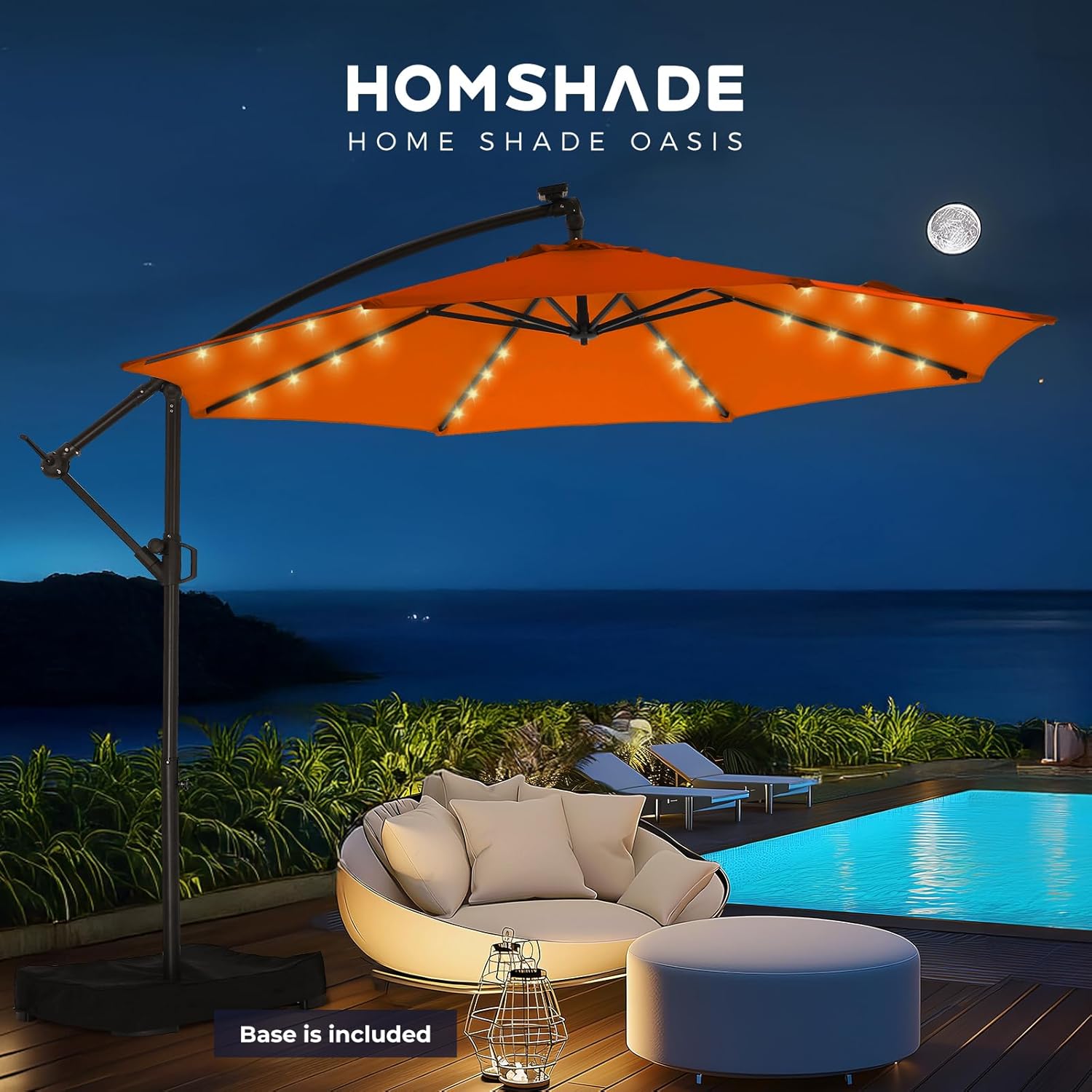 10 Feet Solar Offset Patio Umbrella, LED Lighted Cantilever Hanging Umbrella with Base Included，Easy Tilt and Crank